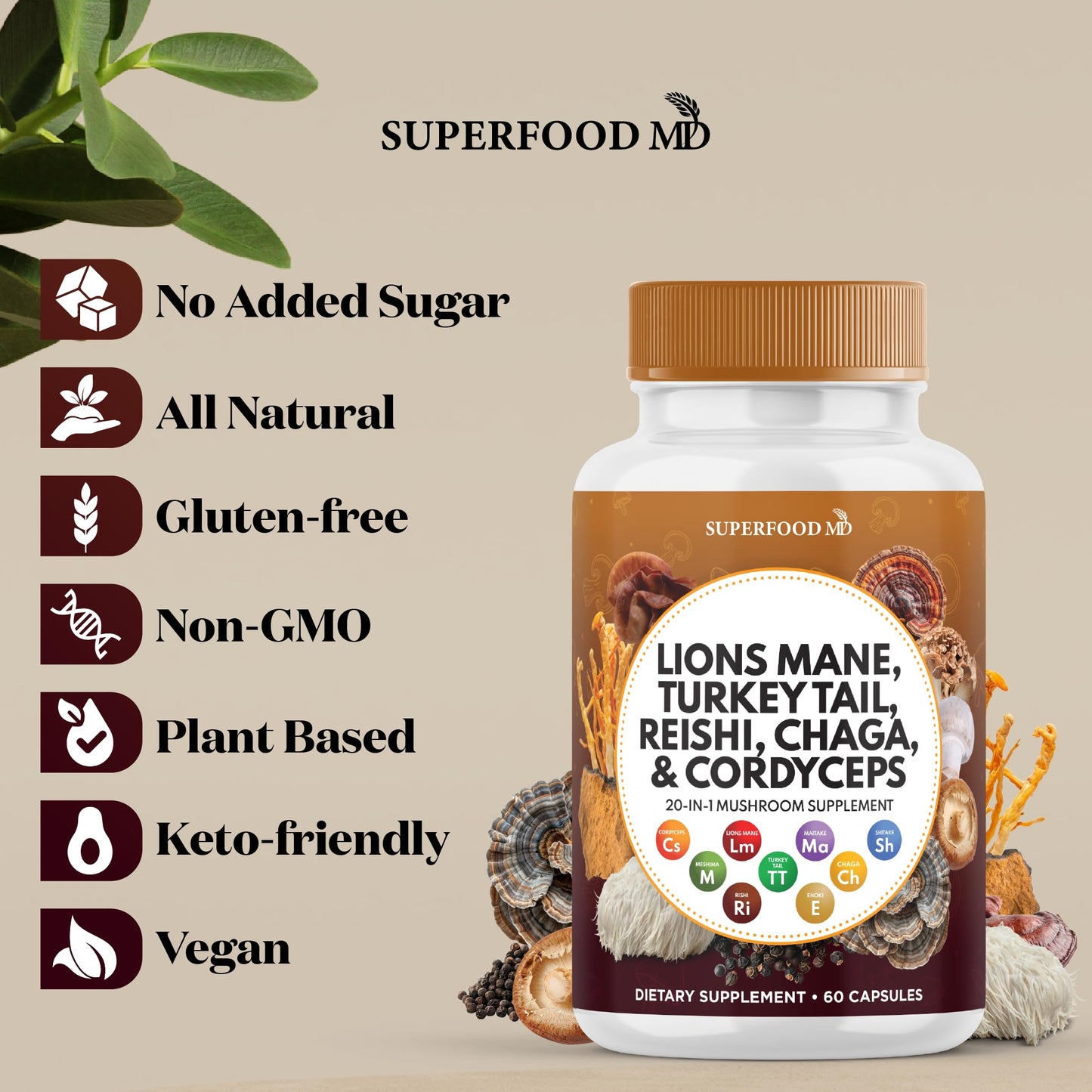 Superfood MD Lions Mane Mushroom Supplement with Turkey Tail Reishi Cordyceps Chaga with Marshmallow Root Capsules, 120 Count