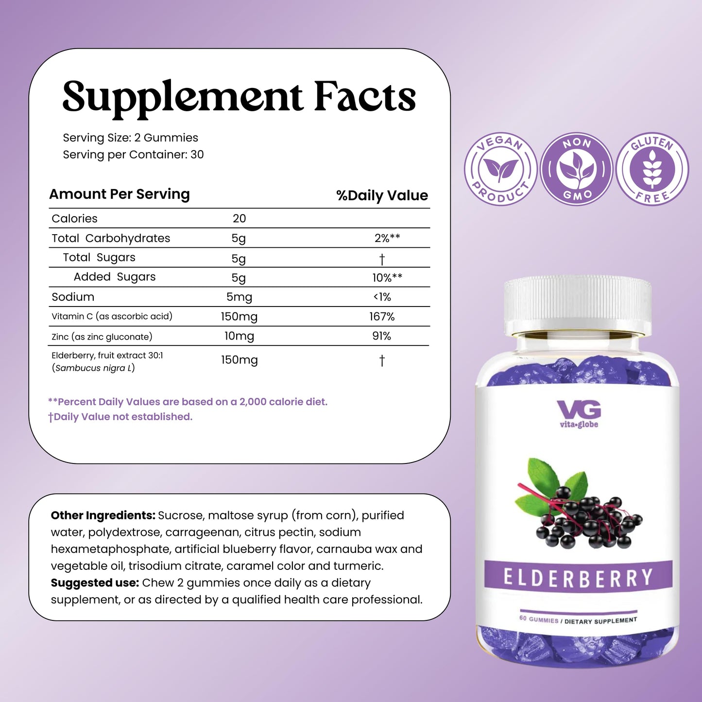 VITA GLOBE Elderberry Gummies with Vitamin C & Zinc for Immune Support, 60 Gummies