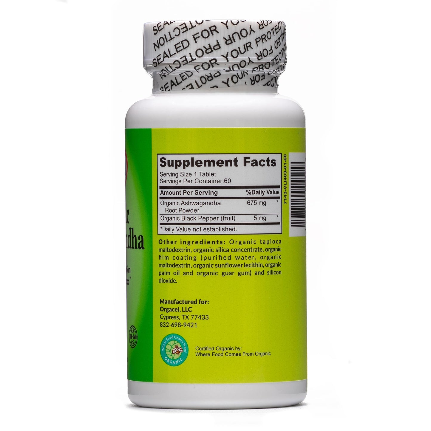 Orgacel Organic Ashwagandha 675 mg Tablet, 60 Vegan, Non-GMO Tablets
