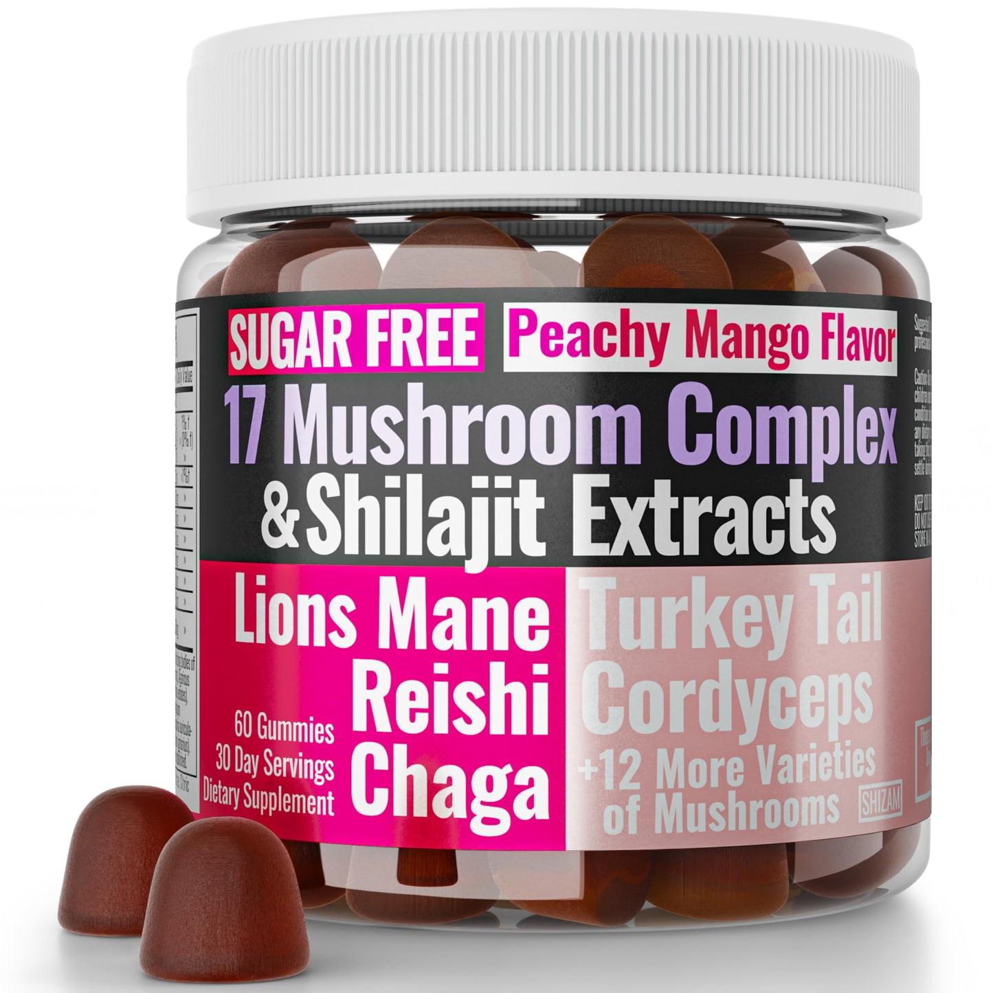 SHIZAM Sugar-Free Shilajit Mushroom Complex Gummies, 60 Count