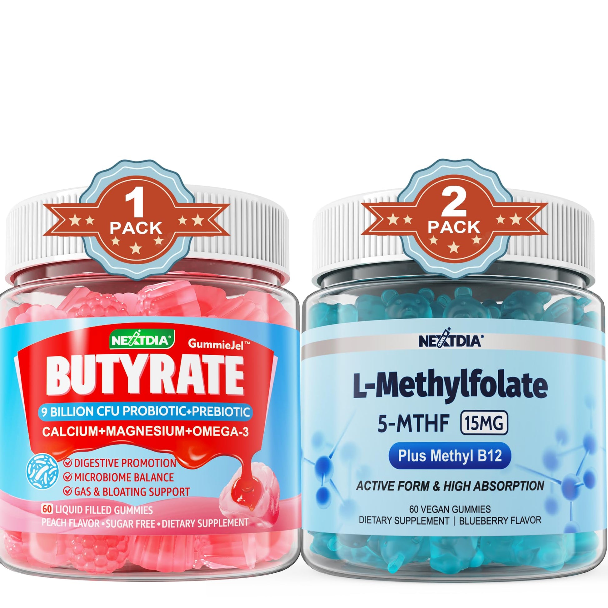 Nextdia Butyrate with Probiotic + Prebiotic + Postbiotic, L-MethylFolate 15mg Gummies, 180 Gummies