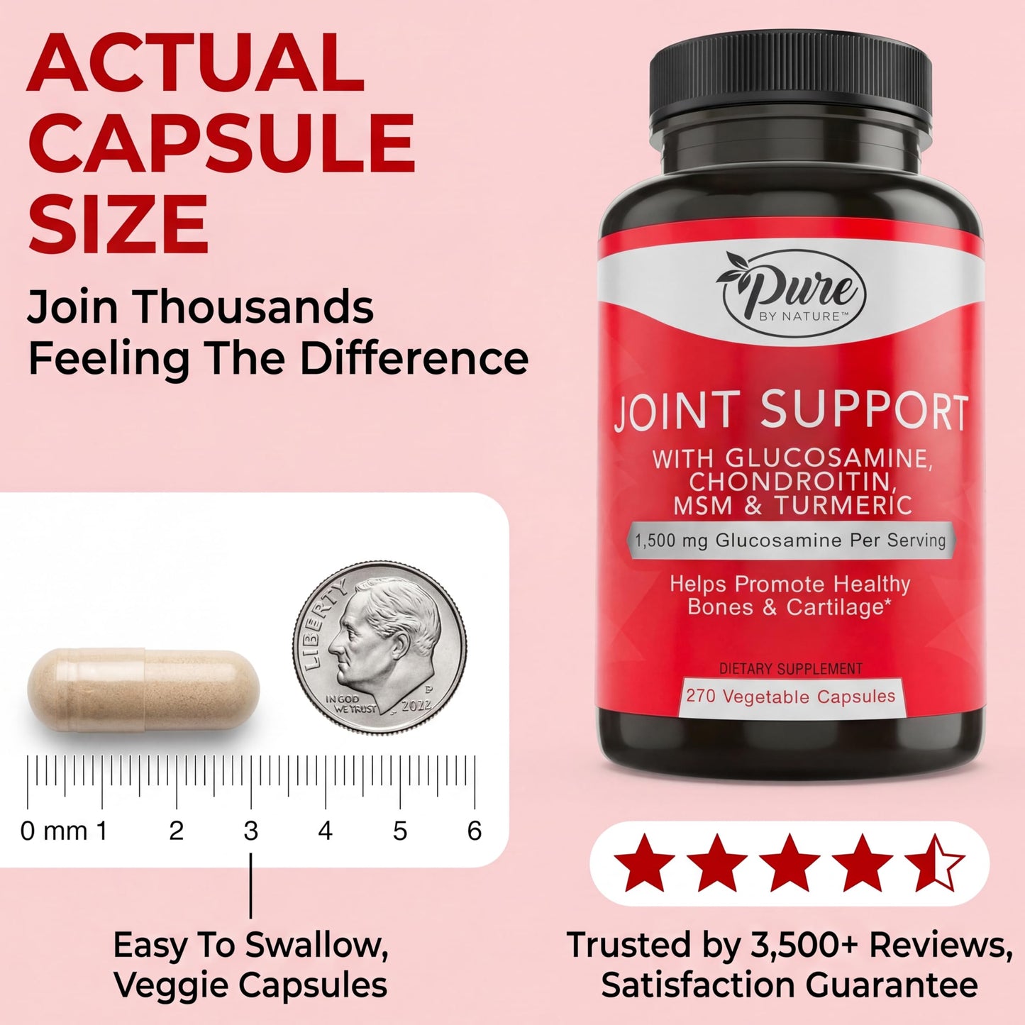 Pure By Nature Joint Support Glucosamine with Chondroitin Turmeric MSM Boswellia, 270 Capsules