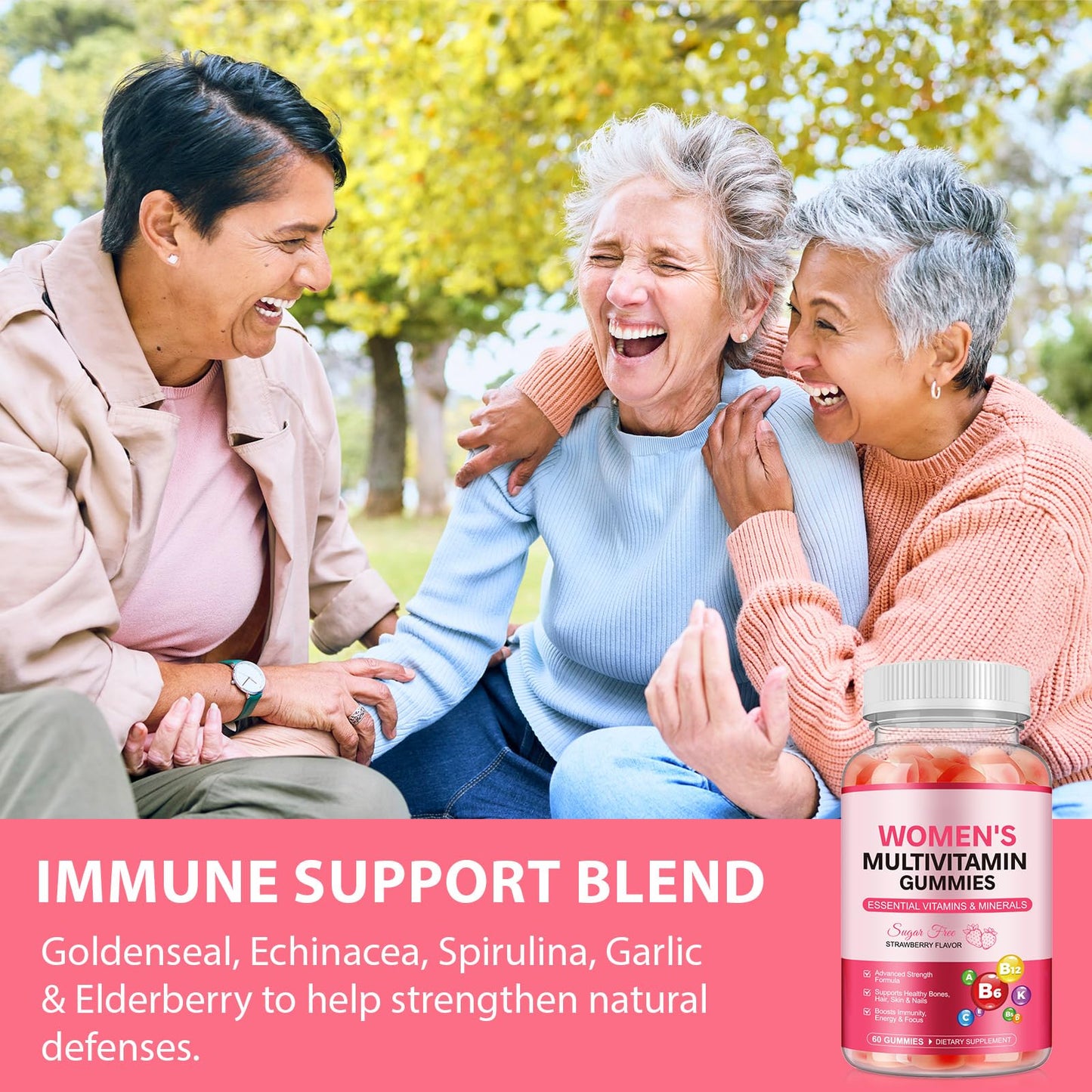 YLXYZUAD Women's Multivitamin Gummies with Iron, Inositol, Zinc, Biotin, Vitamin A, C, D3, E, K2, B12 - Sugar Free, Vegan, Strawberry Flavored, 60 Count