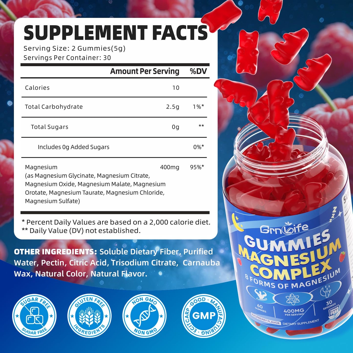 GrnLife Magnesium Complex Gummies, 400mg Magnesium Complex with 8 Forms of Magnesium for Calm, Relaxation & Muscle Support, Sugar-Free Raspberry Flavor, 60 Gummies