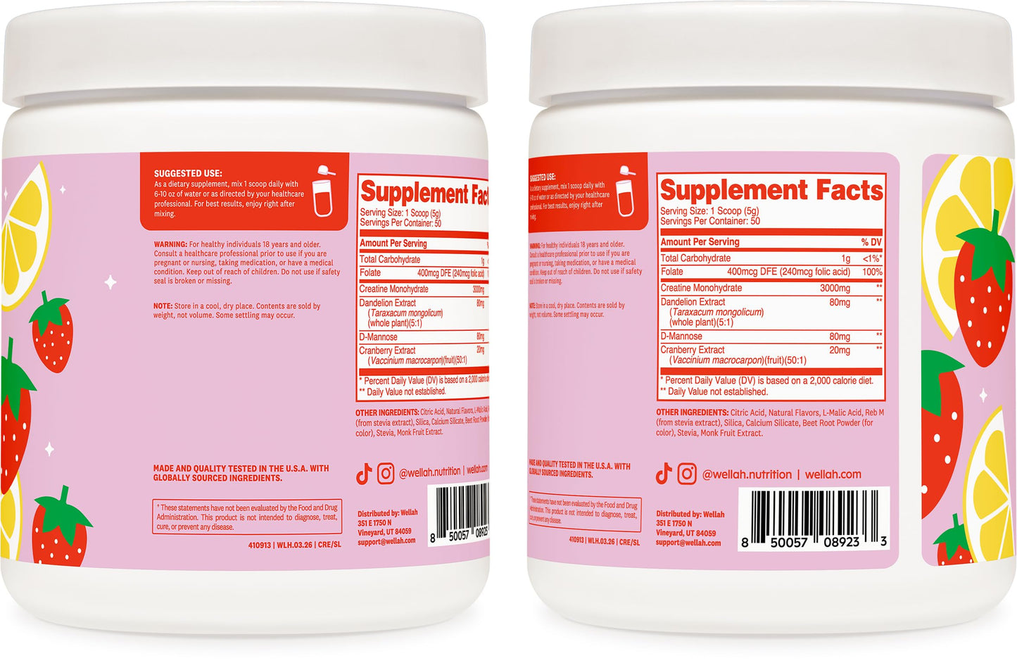 Wellah Creatine for Women Creatine Monohydrate with Dandelion & Cranberry Extract Powder, 50 Servings
