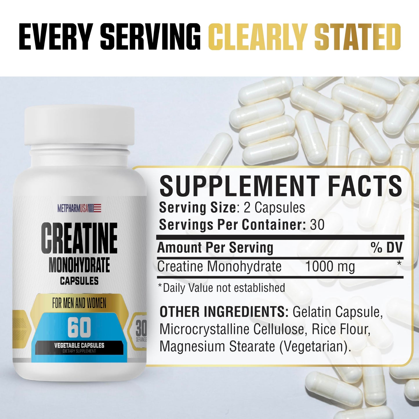 MetpharmUSA Creatine Monohydrate Capsules, 60 Count