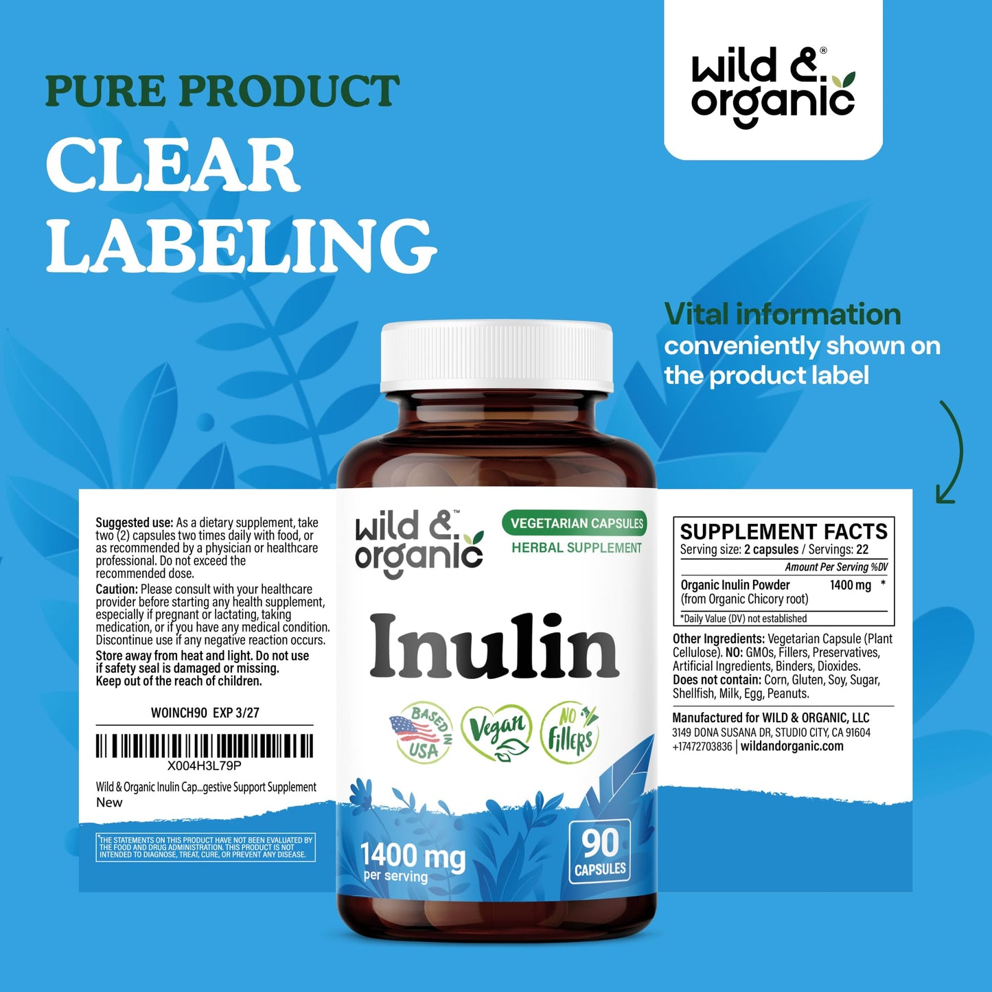 Wild & Organic Inulin Capsules 1400 mg - Digestive & Gut Support - Vegan, No Fillers, Non-GMO - 90 Count