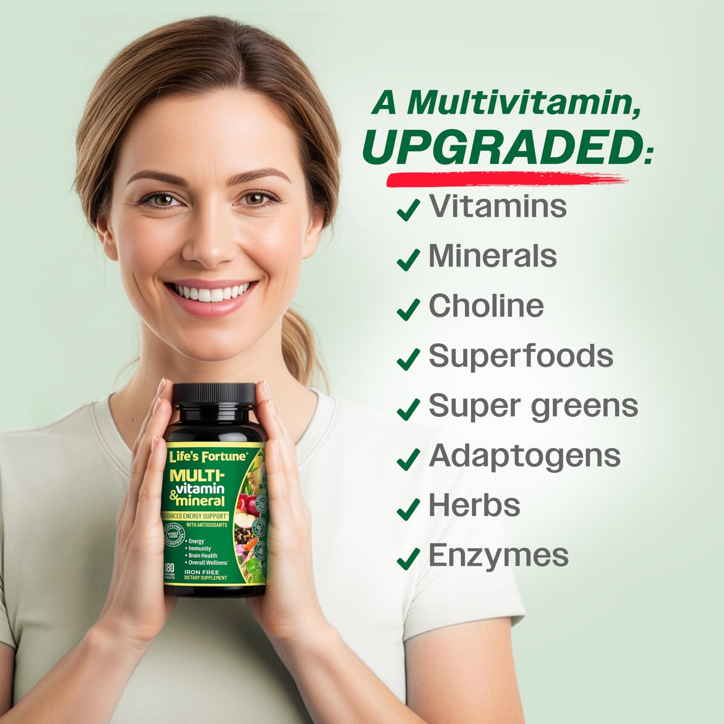 Life's Fortune Whole Food Multivitamin & Mineral Supplement for Men & Women – Iron Free – Brain, Immune & Metabolism Support – 180 Capsules