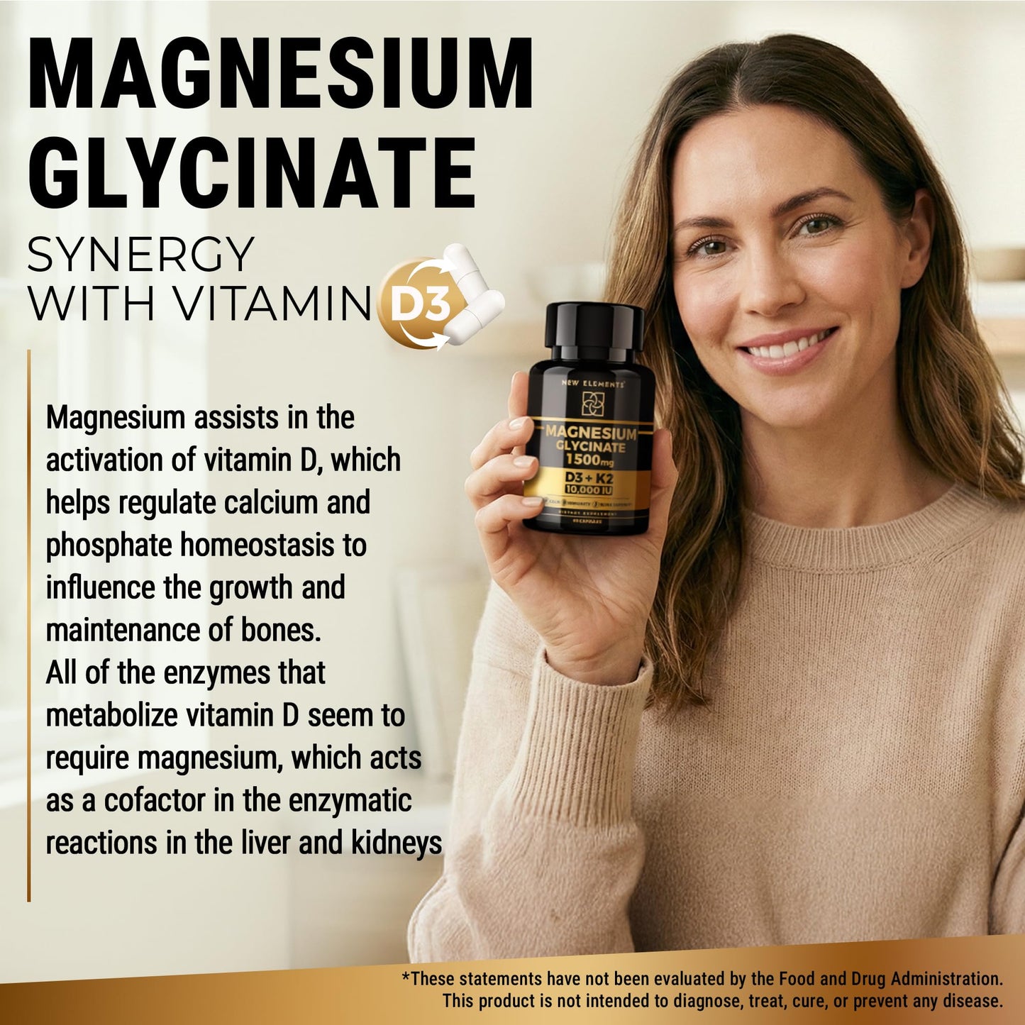 New Elements Magnesium Glycinate 1500mg with Vitamin D3 K2 10,000 IU, 60 Vegan Capsules