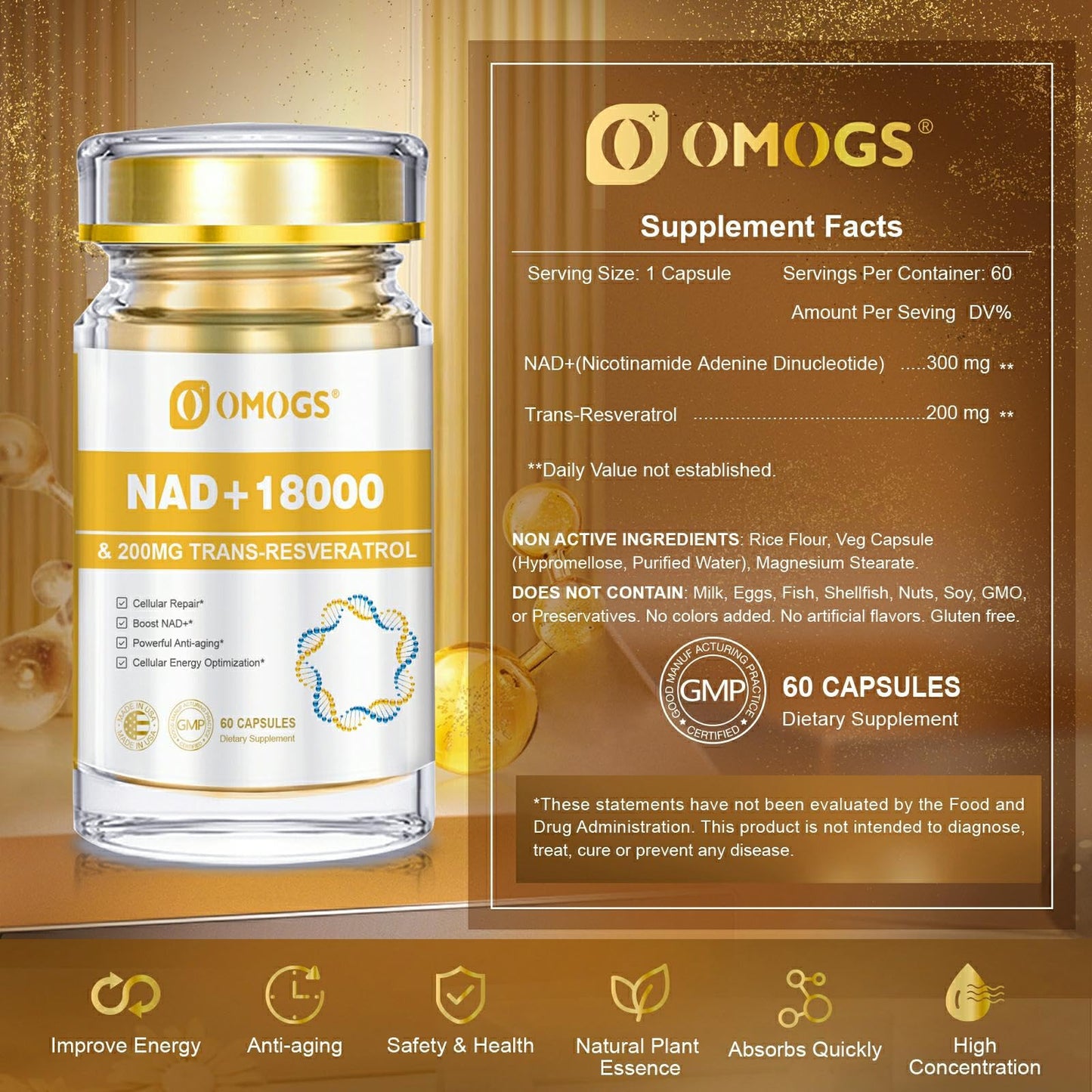 OMOGS NAD+ 300 mg + Trans-Resveratrol 200 mg, 60 Capsules