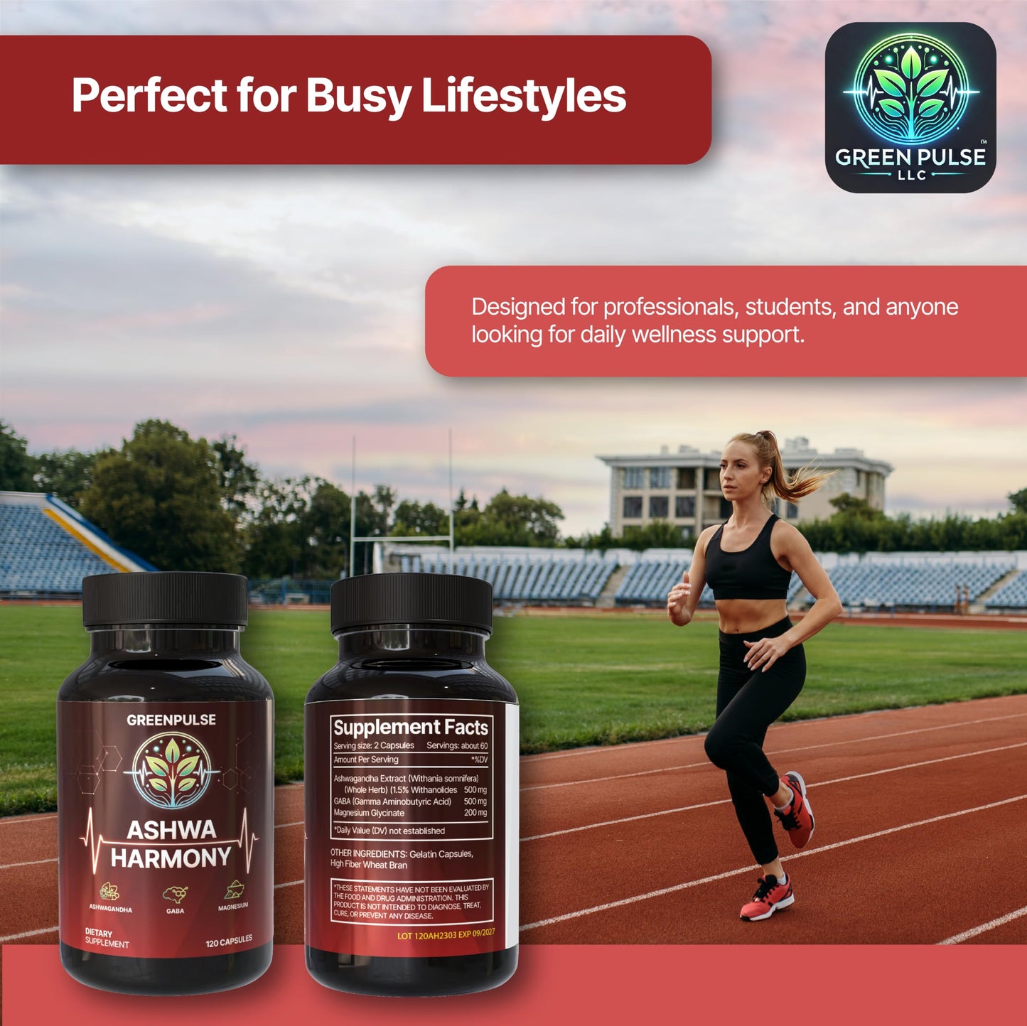 GREENPULSE Ashwa Harmony Adaptogenic Blend with Ashwagandha, GABA, Magnesium Glycinate, 120 Capsules