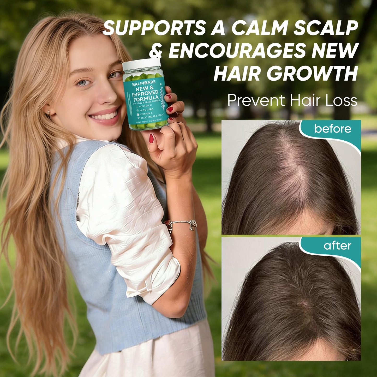 Balmbare Revive Plus Gummies for Hair Loss with Sea Moss, Liposomal Vitamin C, Vitamin E, Aloe Vera, Pearl Powder, 60 Count