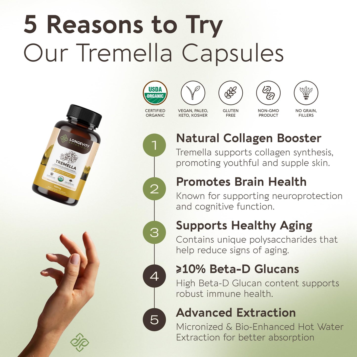 Longevity Botanicals Organic Tremella Mushroom Capsules, 120 Count