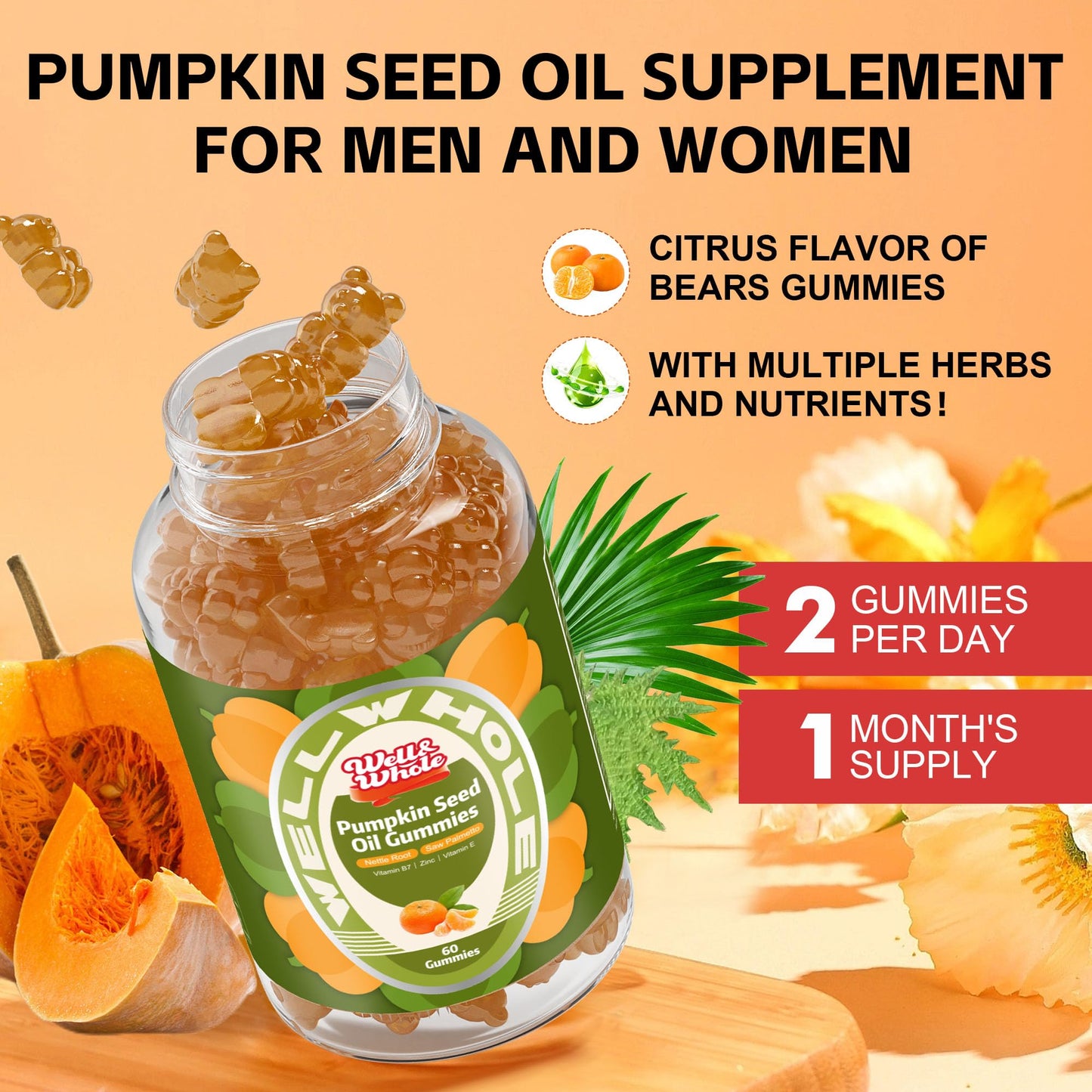 Well&Whole Pumpkin Seed Oil Gummies with Saw Palmetto for Hair Growth, for Men and Women, Vegan, Sugar-Free, 60 Count