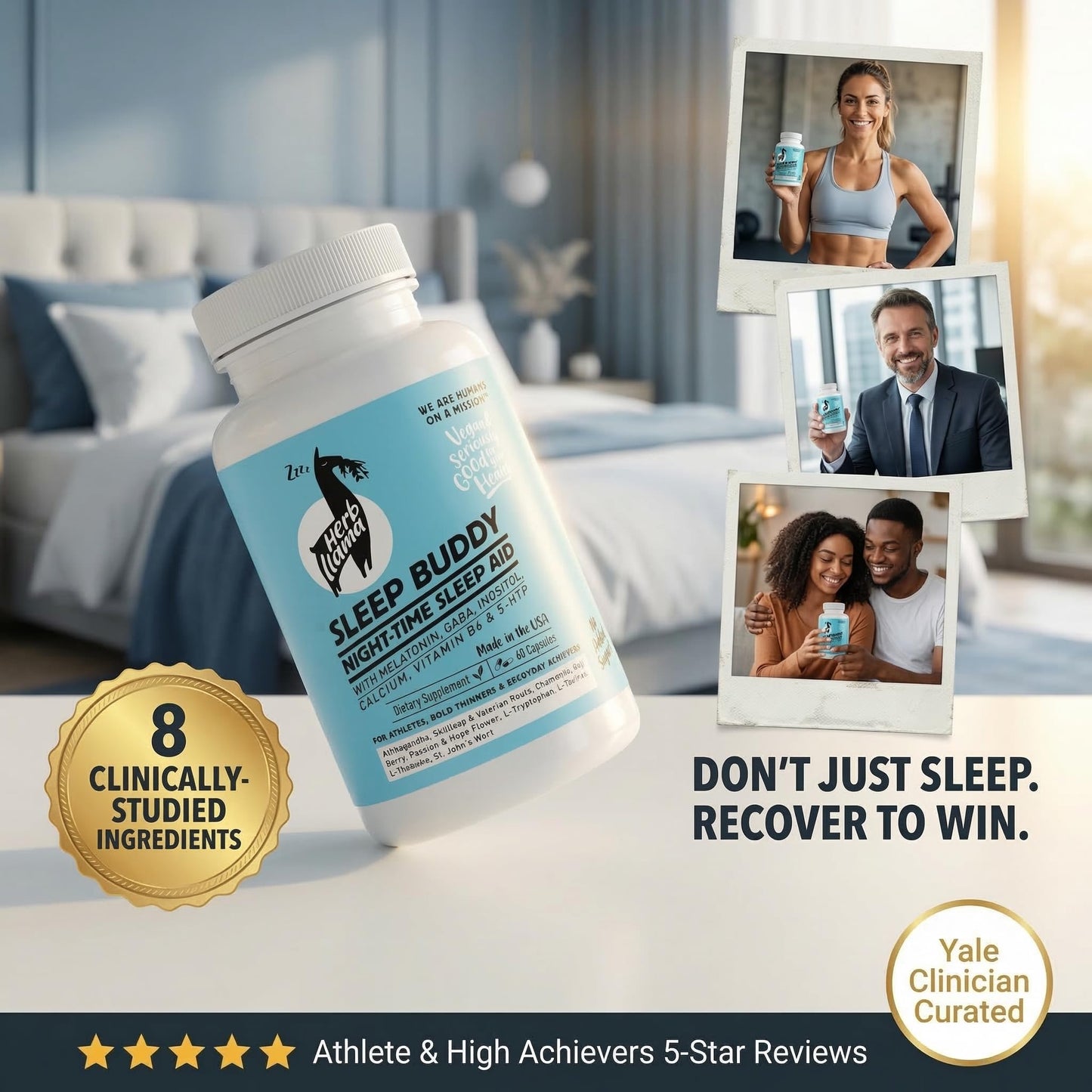Herb Llama Sleep Buddy 8-Ingredient Natural Sleep Aid with Melatonin, Ashwagandha, GABA, 5-HTP Capsule, 1 Count