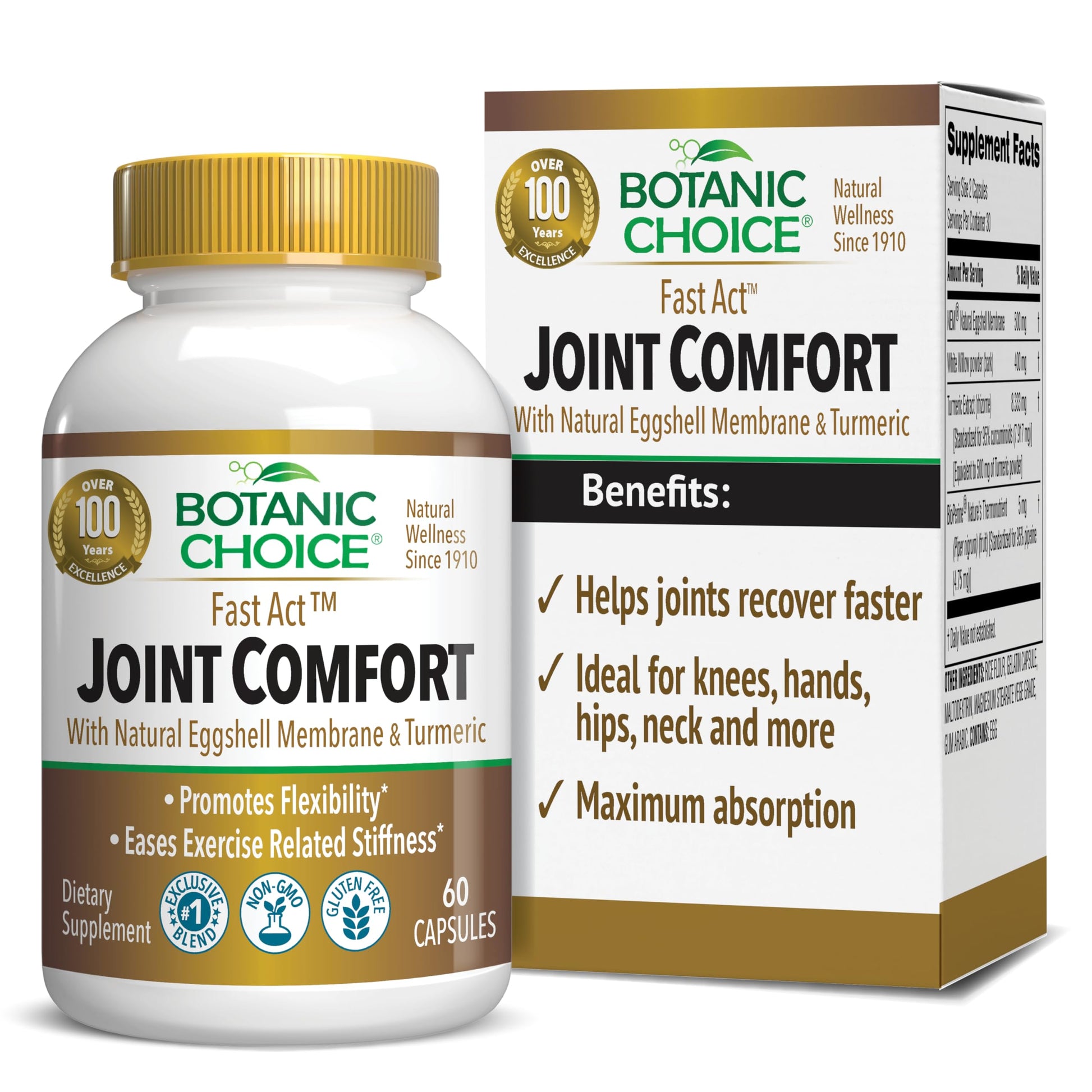 Botanic Choice Fast Act Joint Comfort with NEM Natural Eggshell Membrane, Turmeric Curcumin, Bioperine, & White Willow Bark, Supports Joint Health Capsules, 60 Count