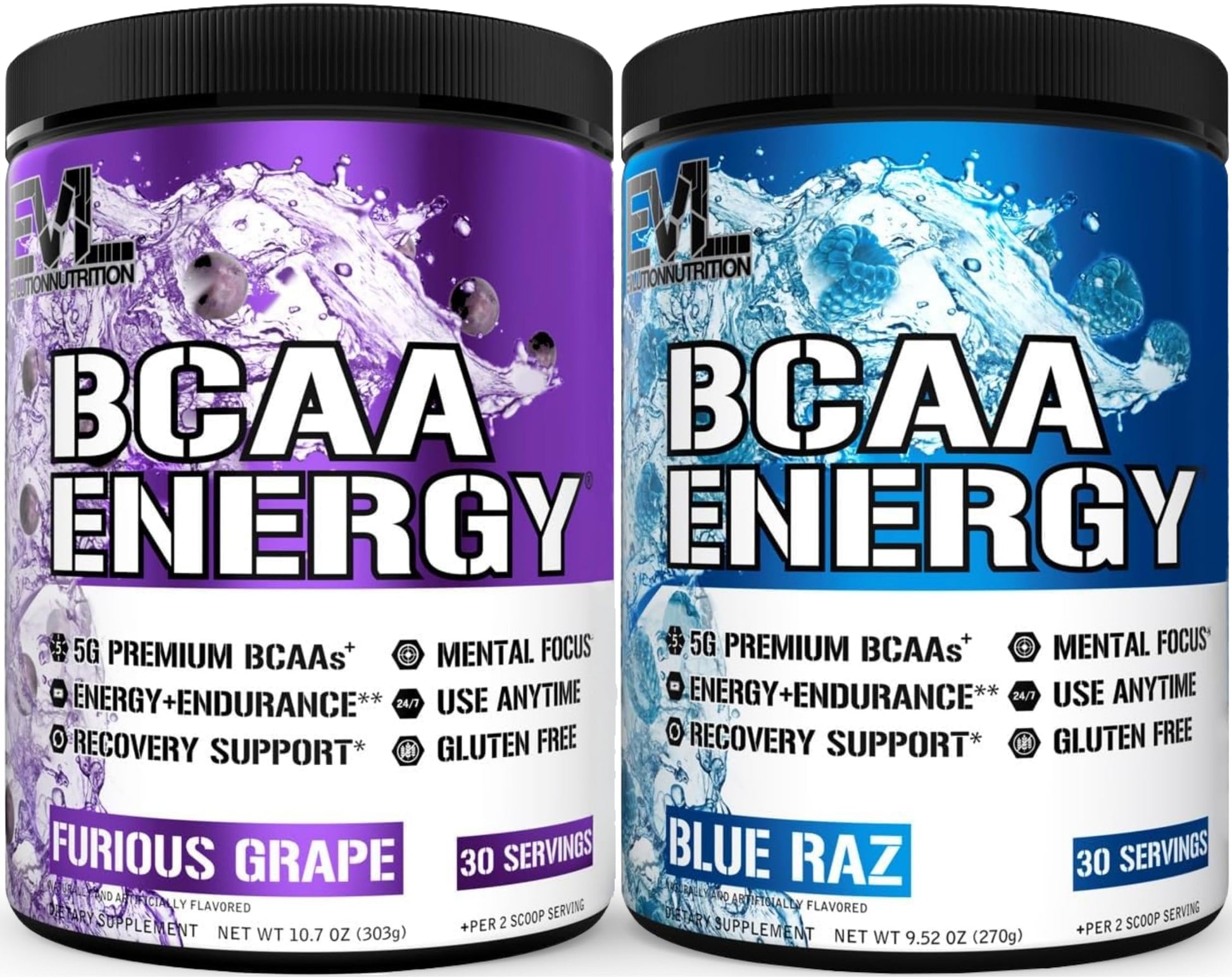 Evlution Replenishing BCAAs Powder, Grape and Blue Raz, 30 Servings Each