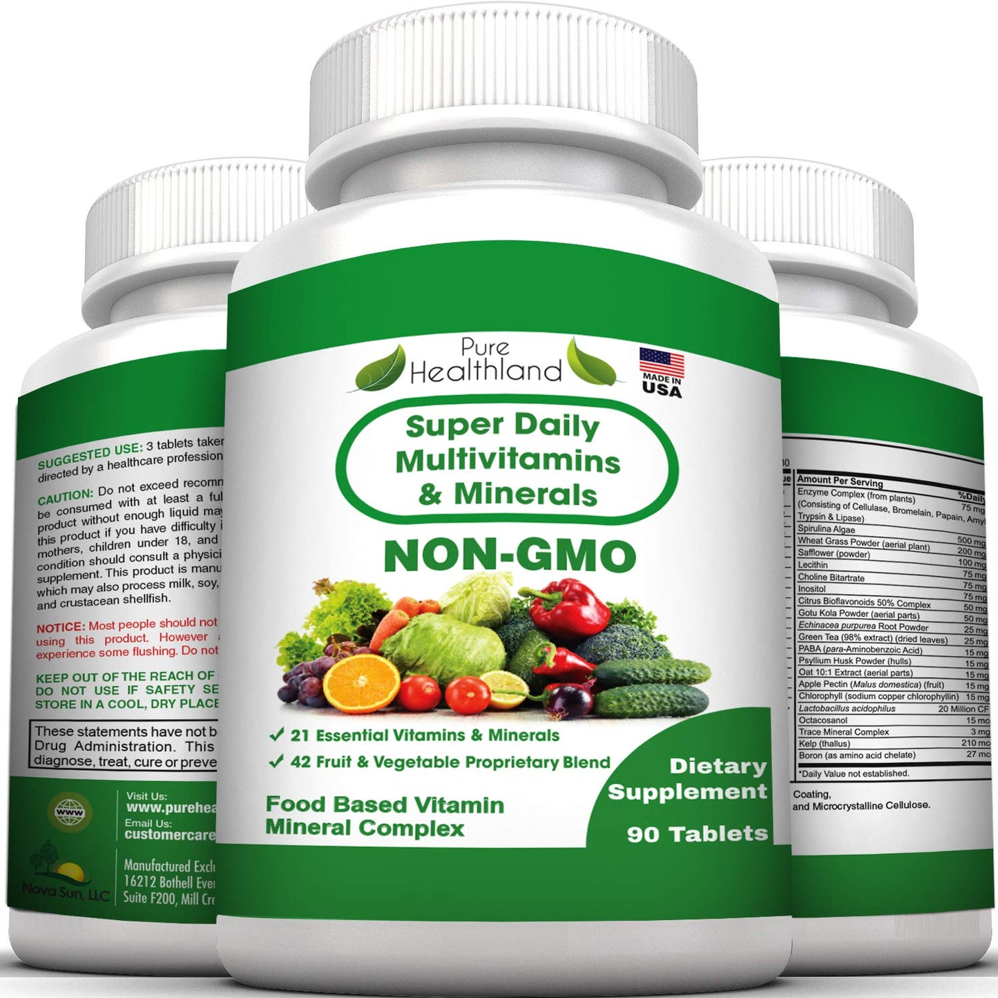 Pure Healthland Non-GMO Super Daily Multivitamin for Adults – 42 Natural Fruits & Vegetables Blend with 21 Essential Vitamins & Minerals – Vegan Coating Tablets, 90 Count