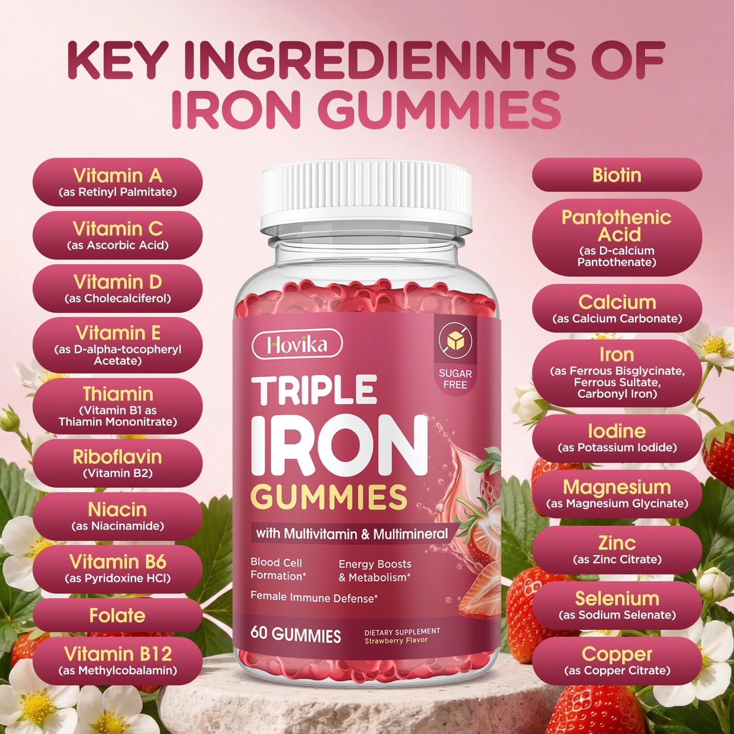 Hovika Iron Gummies for Women, Triple Iron Multivitamin Gummies with Vitamin C, A, B, Folate, Copper & Zinc – Energy & Blood Support, Immune Health, Vegan, Strawberry Flavor, 120 Gummies