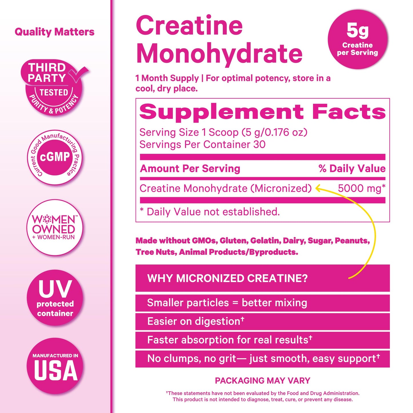 Pink Stork Creatine Monohydrate for Women Micronized Creatine Powder, 5.29 oz