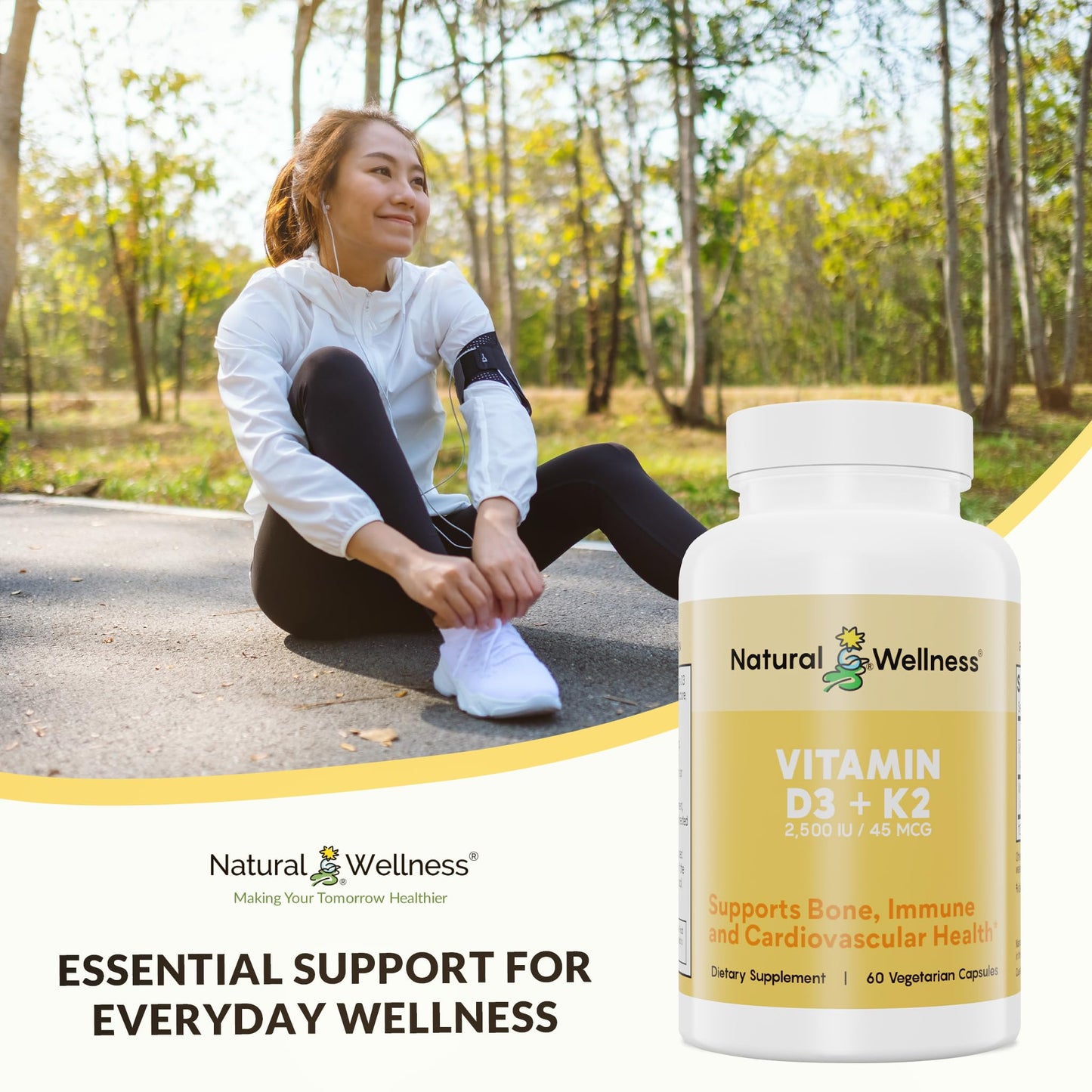 Natural Wellness Vitamin D3 + K2 High Potency Vitamin D3 2500 IU & K2 MK-7 45 mcg 120 Capsules