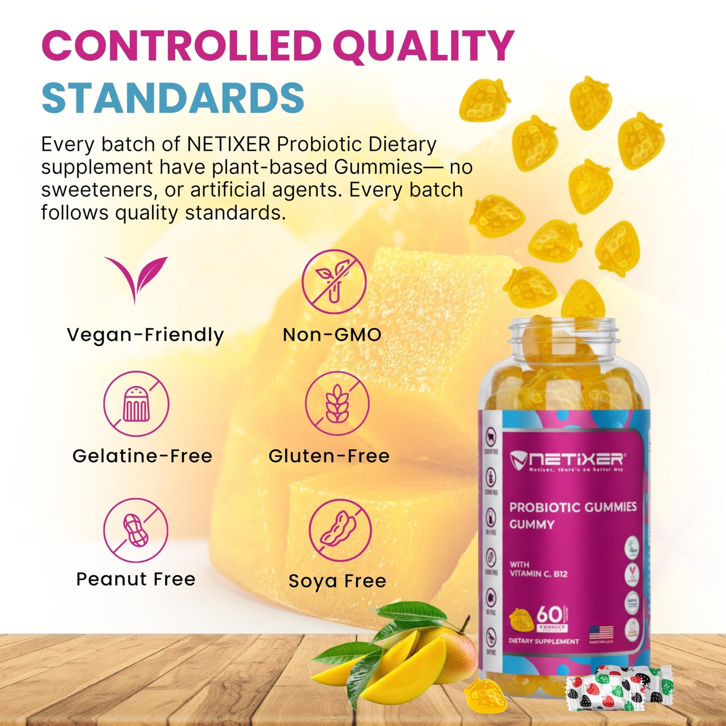nETiXER Probiotic Gummies with Vitamin C, Vitamin B12, Folic Acid, Zinc, Niacinamide, Riboflavin & Probiotics (40 Million CFU) 60 Gummies