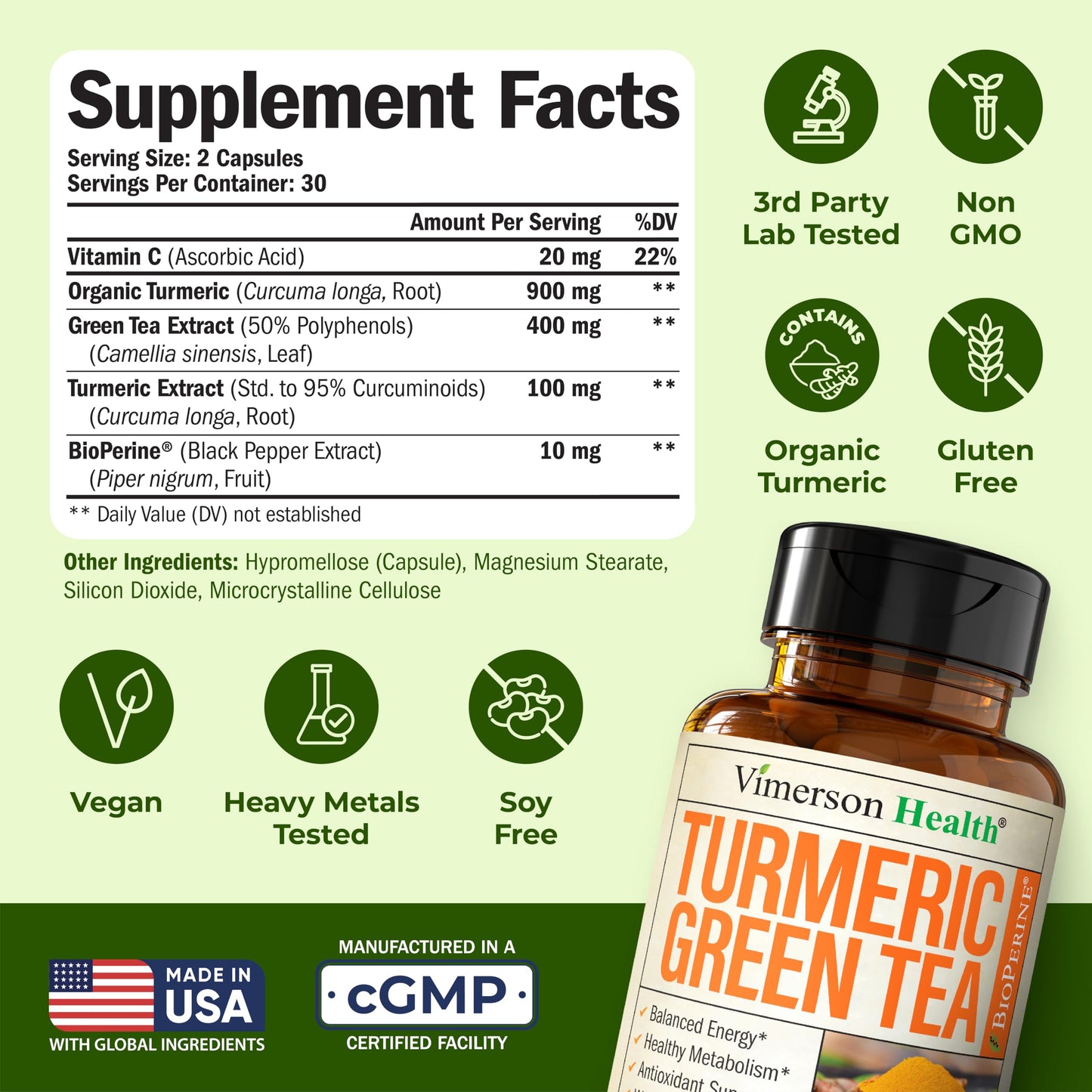 Vimerson Health Turmeric Curcumin Supplement with Green Tea Extract (ECGC) & Vitamin C Capsules, 60 Count