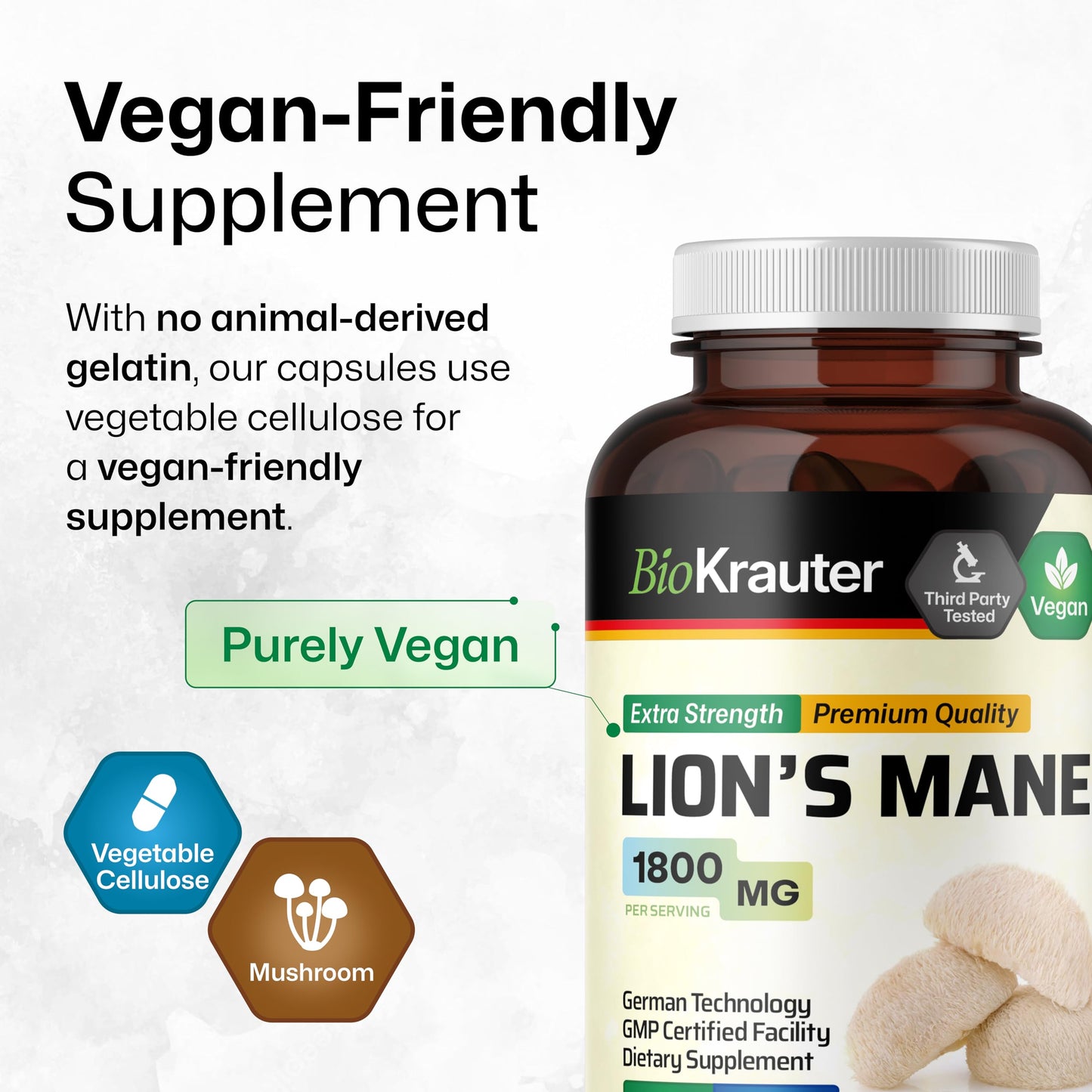 BIO KRAUTER Lions Mane for Focus Support & Brain Health - Vegan Lion's Mane Mushroom Supplement, 1800 mg per Serving, 250 Capsules