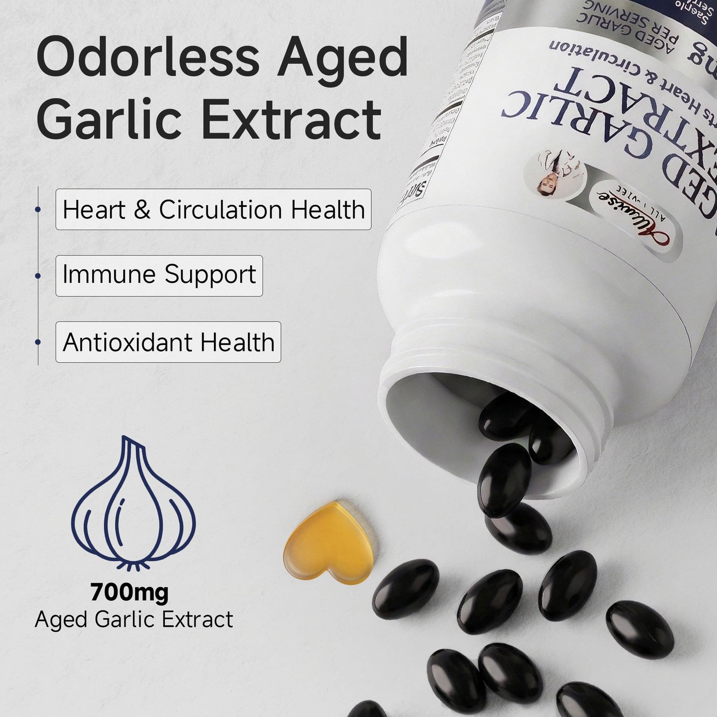 Alliwise Aged Black Garlic Extract 700mg with Vitamin D3 & K2 Softgels, 150 Count