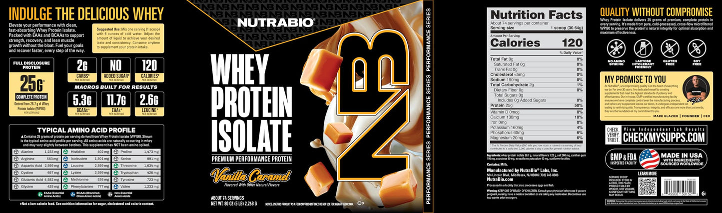 NutraBio 100% Whey Protein Isolate Protein Powder, Vanilla Caramel, 5 Lbs, 80 Servings