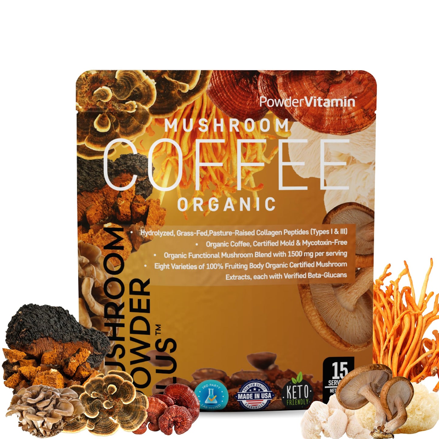 PowderVitamin Organic Mushroom Coffee Powder with Grass-Fed Collagen Types I & III, 8 Fruiting Body Mushrooms, Certified Mold & Mycotoxin Free, Tested for Beta-Glucans, Focus Energy Digestion & Immunity, 4.5 oz