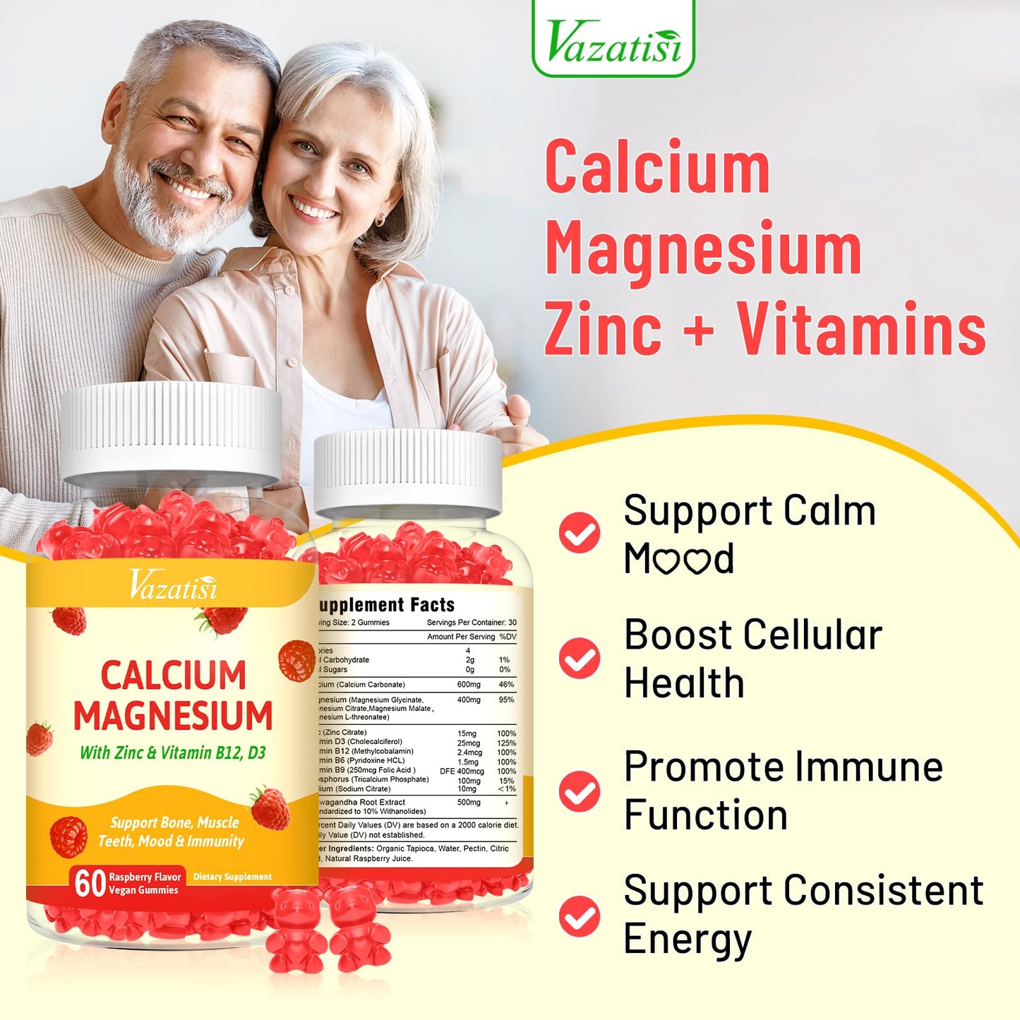 Vazatisi Calcium Gummies with Magnesium, Zinc, Vitamin D3 & B12 Gummy 60 Count
