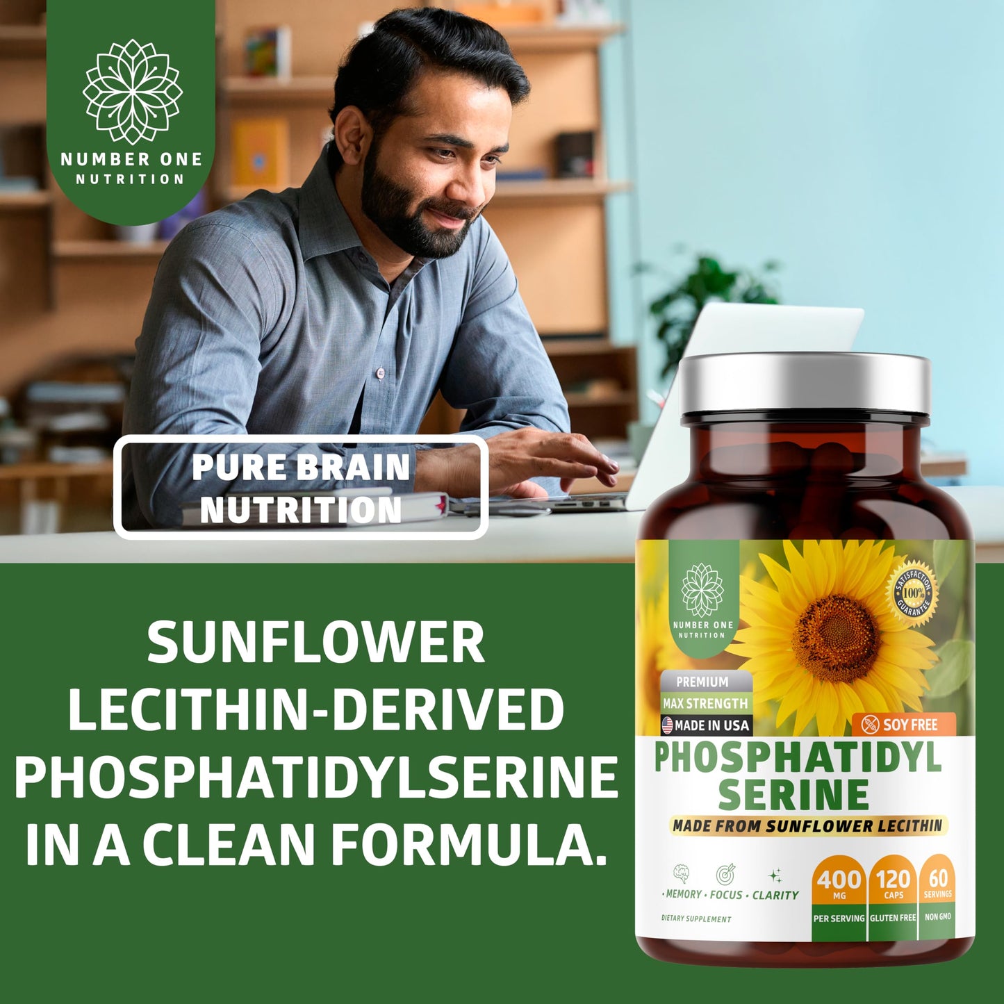 Number One Nutrition Premium Phosphatidylserine 400mg Derived from Sunflower Lecithin Capsules, 120 Count