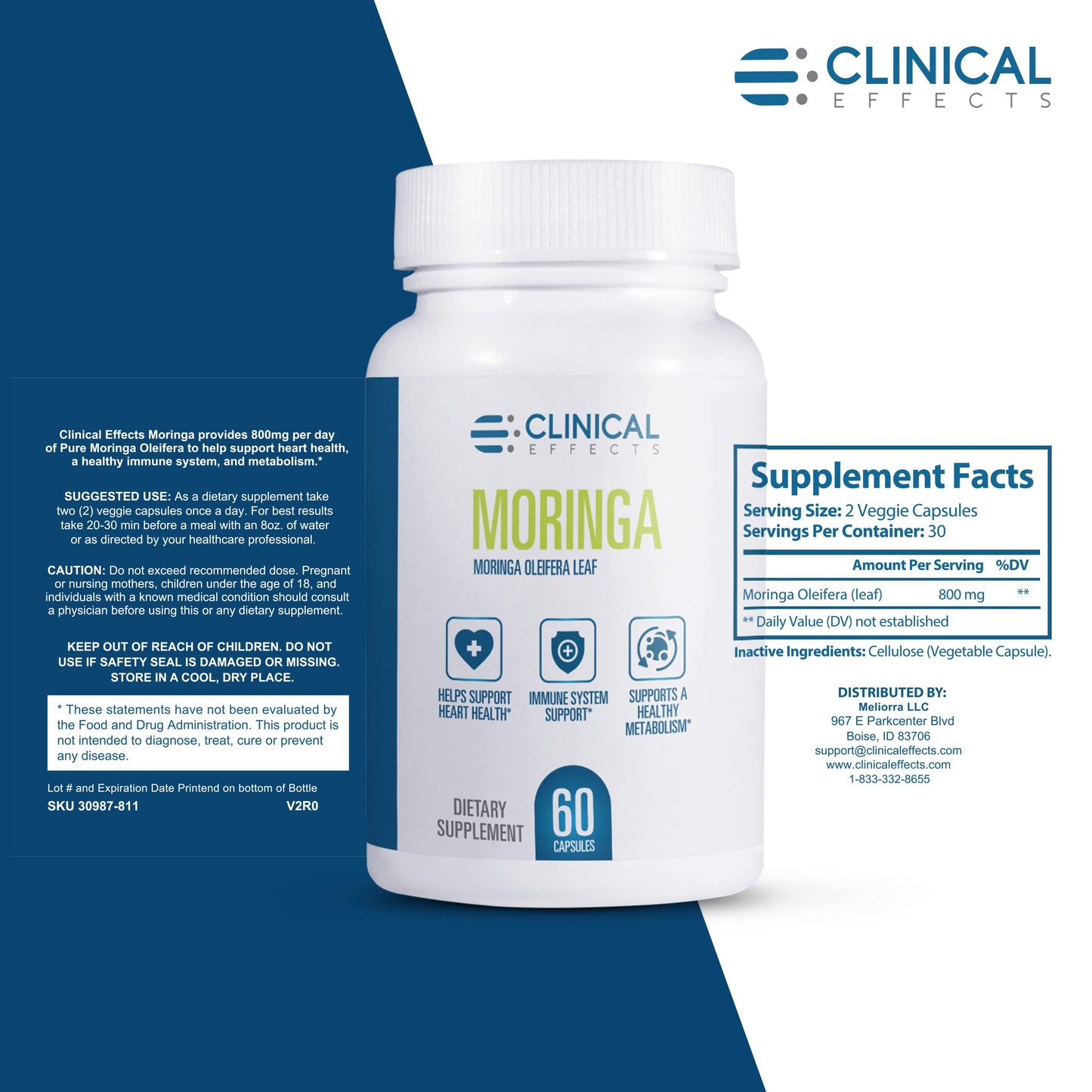 Clinical Effects Moringa Oleifera 800mg Capsules, Superfood Supplement for Heart, Joint, Energy and Immune Support, 30 Capsules