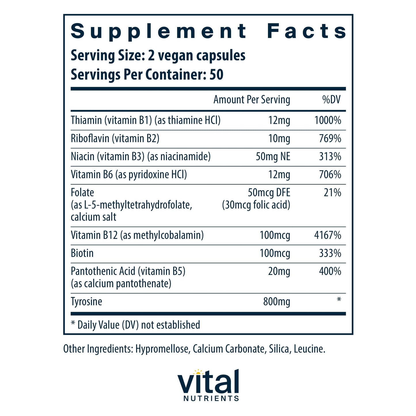 Vital Nutrients Tyrosine and B Vitamins - Thyroid, Immune, and Nerve Support Formula - Adrenal Support Complex Capsule 100 Capsules