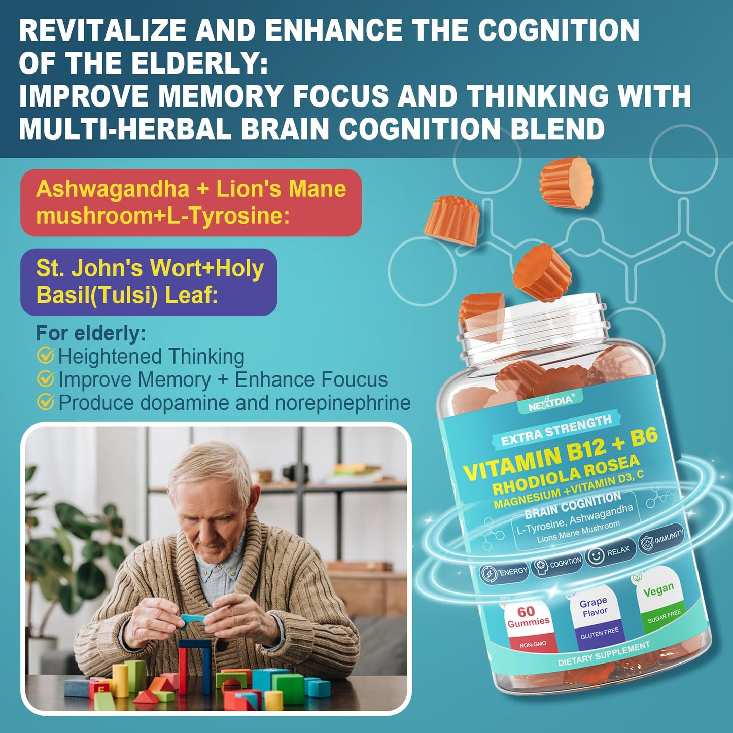 Nextdia Focus Memory & Energy Gummies, Gummy, 120