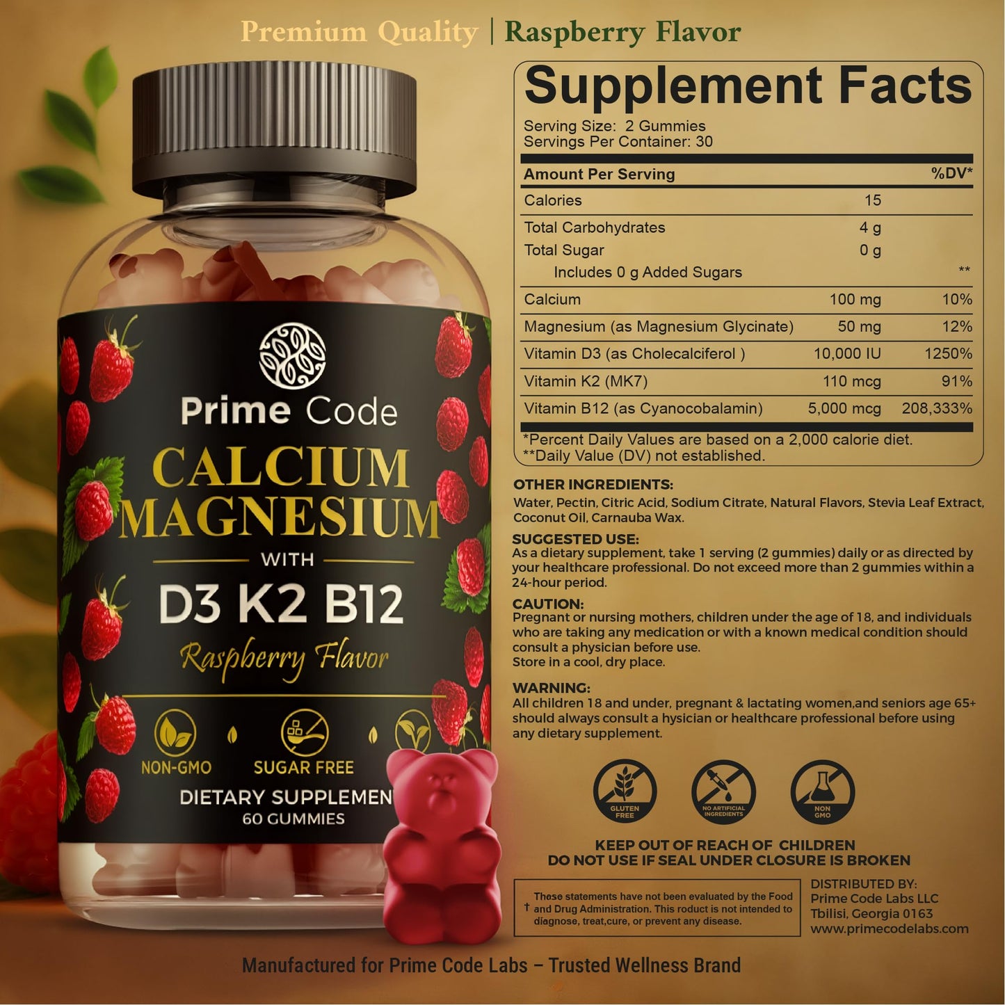 Prime Code Calcium Gummies with Magnesium, Vitamin B12, Vitamin K2 & Vitamin D3, 60 Count