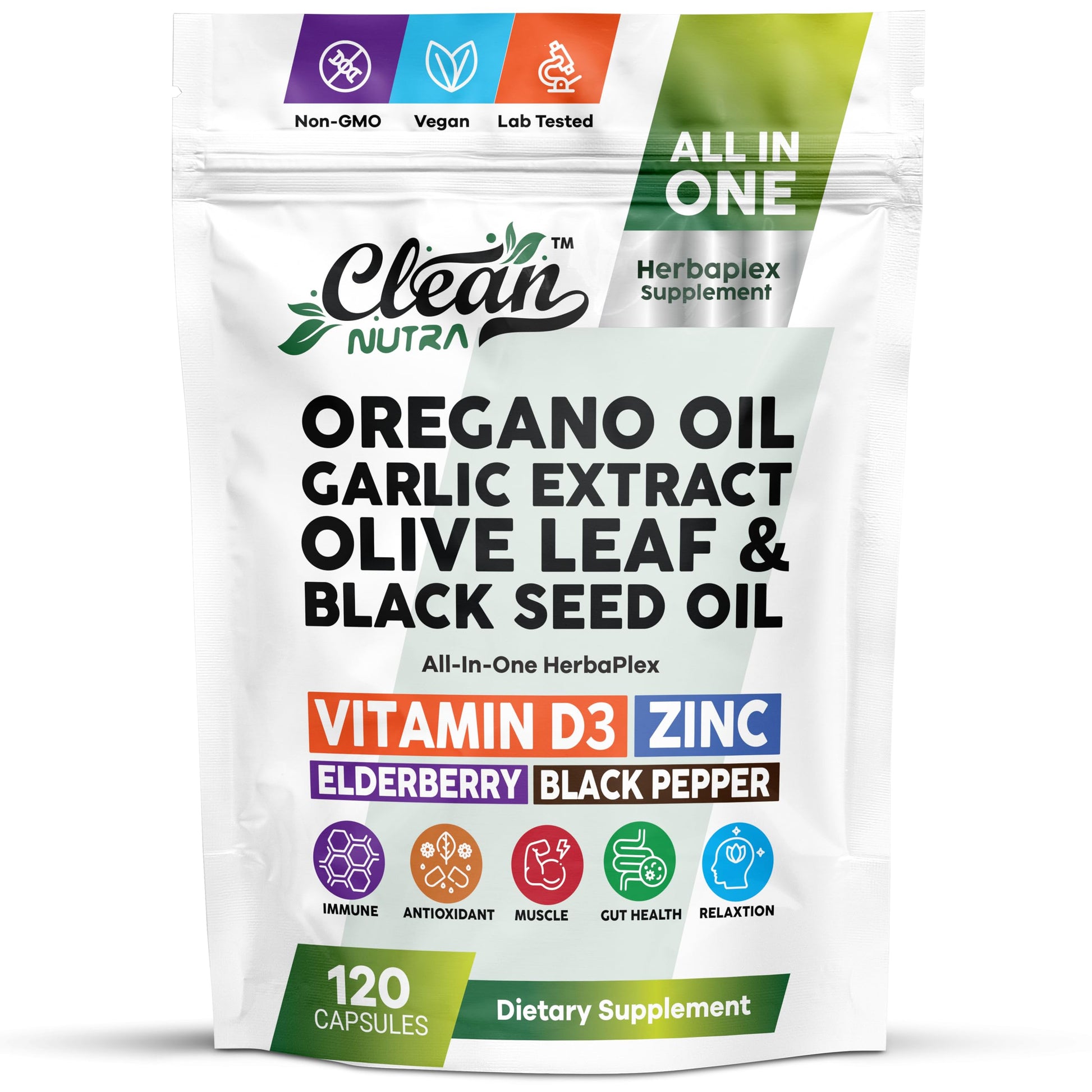 Clean Nutraceuticals Herbaplex Immune Support Immunity Blend Vitamin D Zinc Gluconate Oregano Oil Extract Black Cumin Garlic Olive Leaf Extract Elderberry Black Pepper 120 Capsules