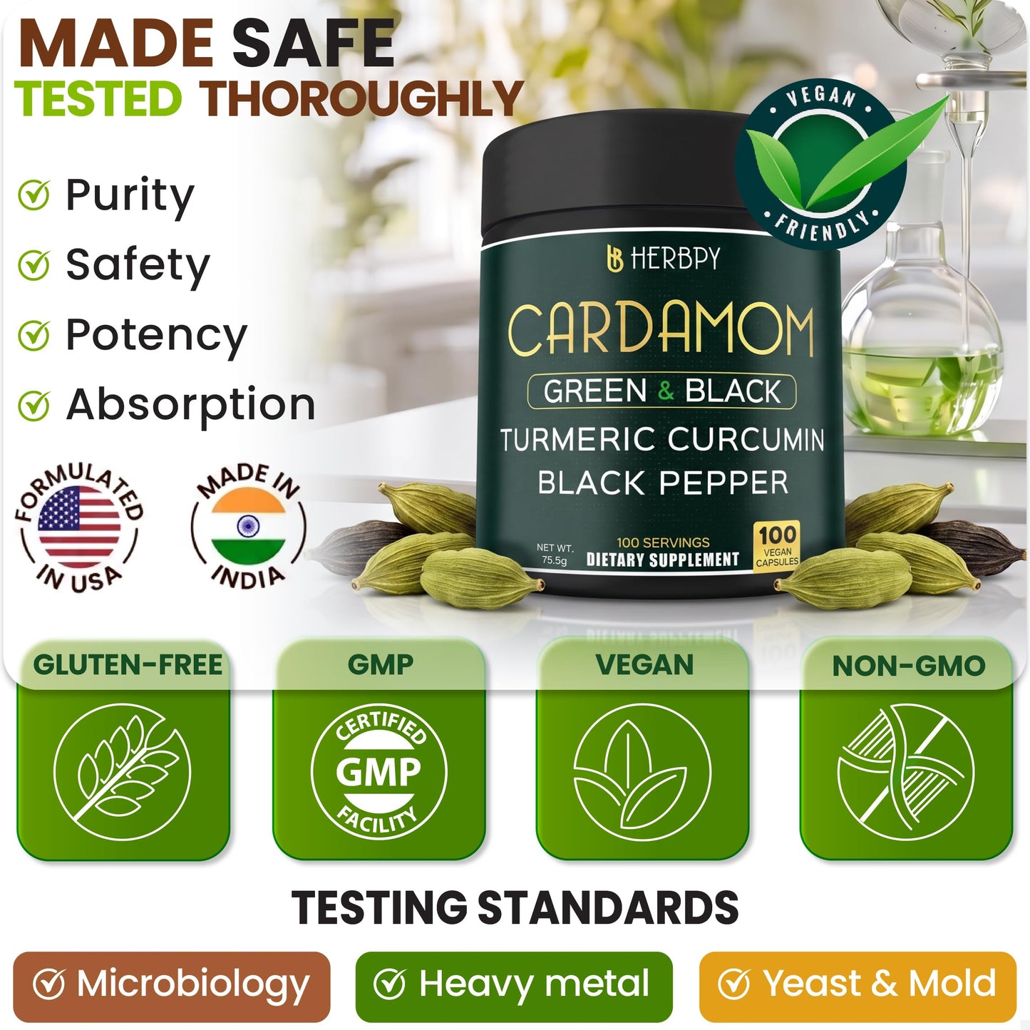 Herbpy 4in1 Cardamom Powder Capsules 100 Count