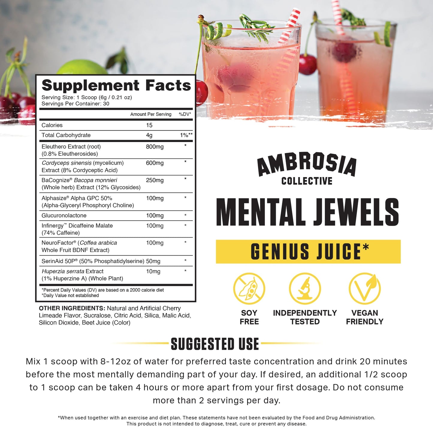 Ambrosia Mental Jewels Nootropic Brain Supplement Powder, 6.35 Ounce