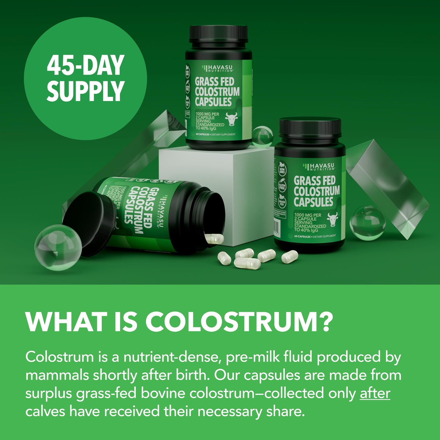 HAVASU NUTRITION Grass Fed Colostrum Supplement for Immune and Gut Health - 1000mg Bovine Colostrum per Serving with 40% IgG, 90 Capsules