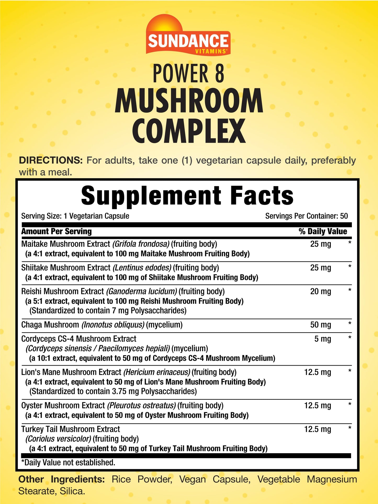 Sundance Mushroom Supplement Capsules Complex with Lions Mane, Full Spectrum Blend of Power 8 Mushrooms, 50 Count