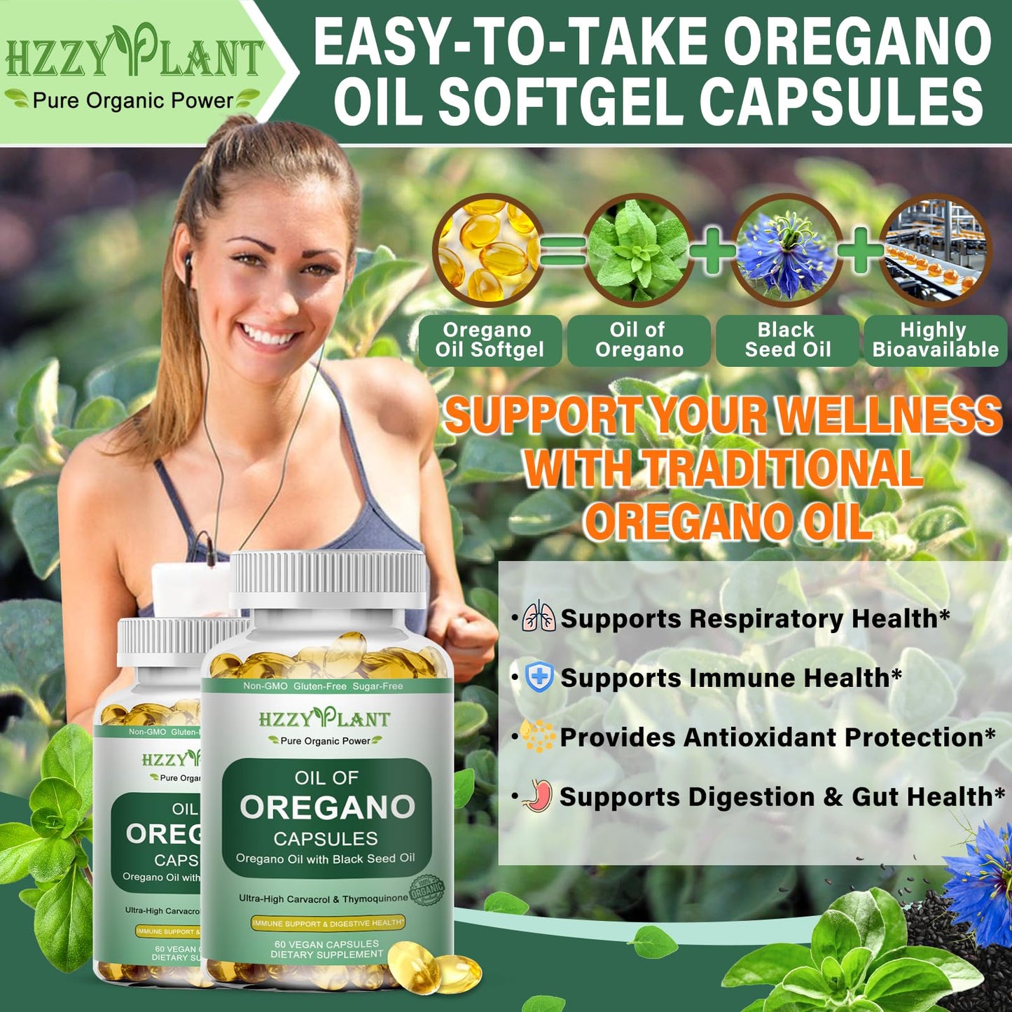 HZZYPLANT Oil of Oregano with Black Seed Oil Softgels, 60 Count