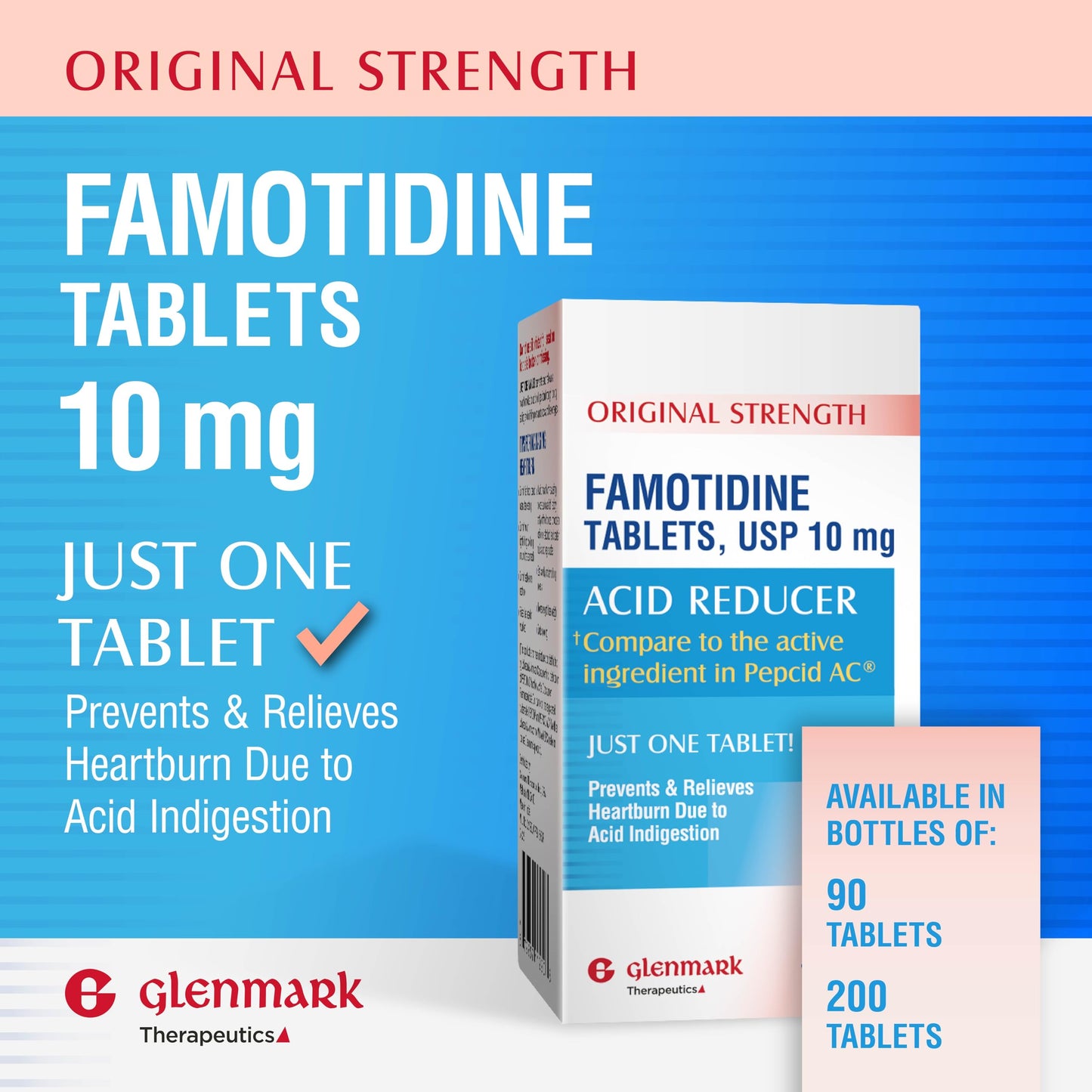 Glenmark Therapeutics Original Strength Famotidine Tablets, 10 mg, Acid Reducer for Heartburn Relief, 200 Count