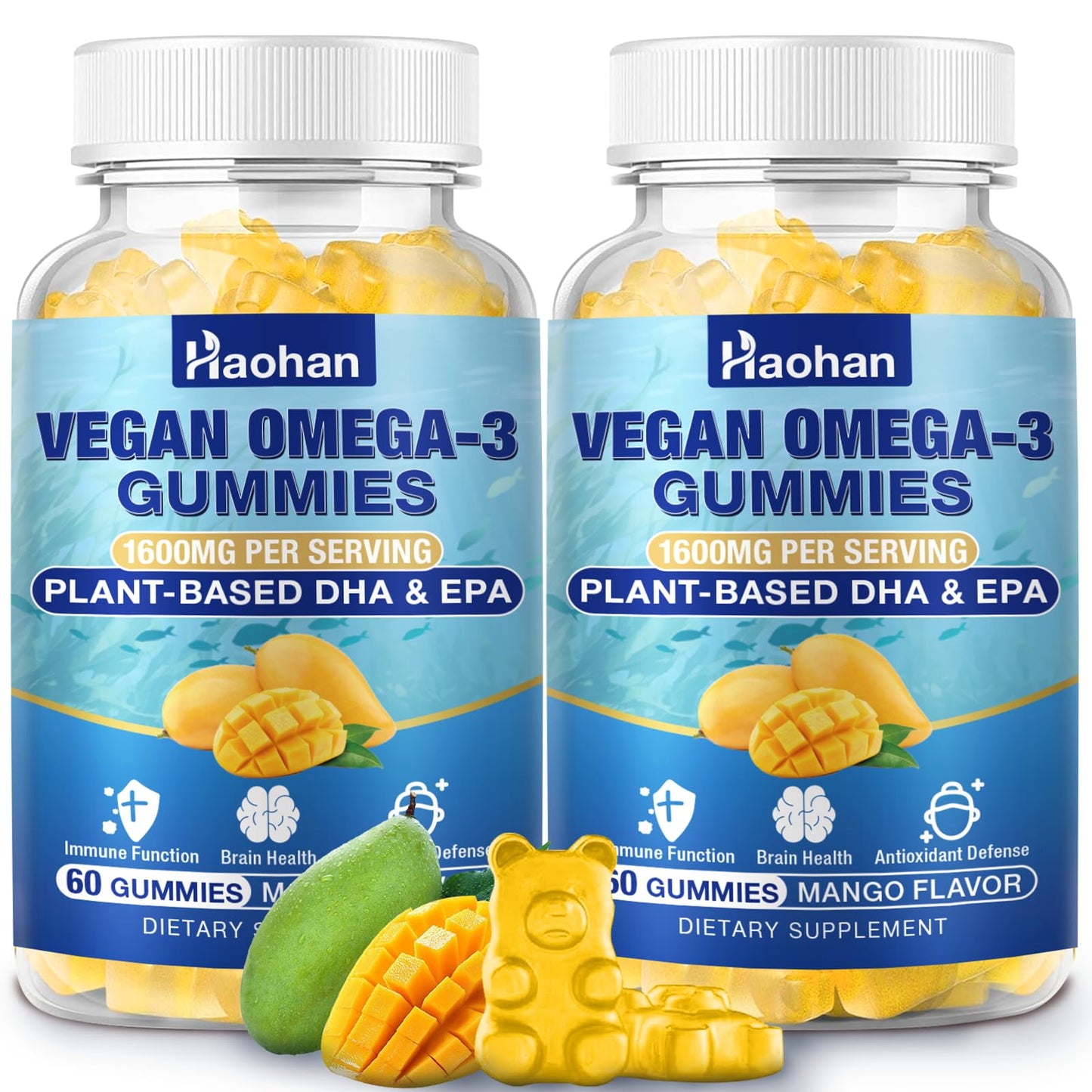 Haohan Omega-3 Gummies for Adults, Orange Flavor – Sugar-Free, Algae-Derived DHA 600mg & EPA 300mg, with Vitamins A, C, E, Zinc, 120 Gummies