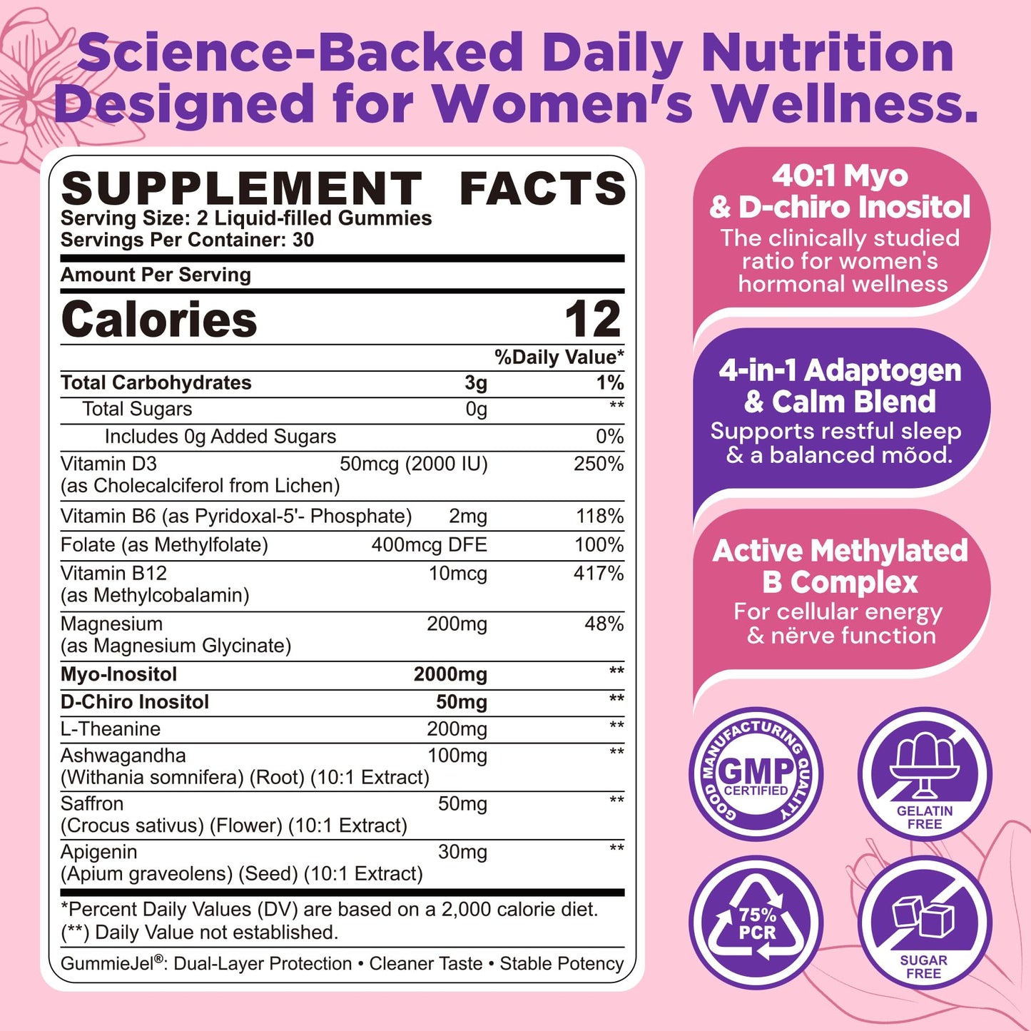 Nextdia Women Sleep Gummies Myo-Inositol & D-Chiro Inositol + Saffron, MTHF Folate, Vitamin B6 & B12, 40:1 Ratio Myo-Inositol Supplement for Hormone Balance, Mood, PCOS & Ovarian, Sugar Free, 60 Gummies