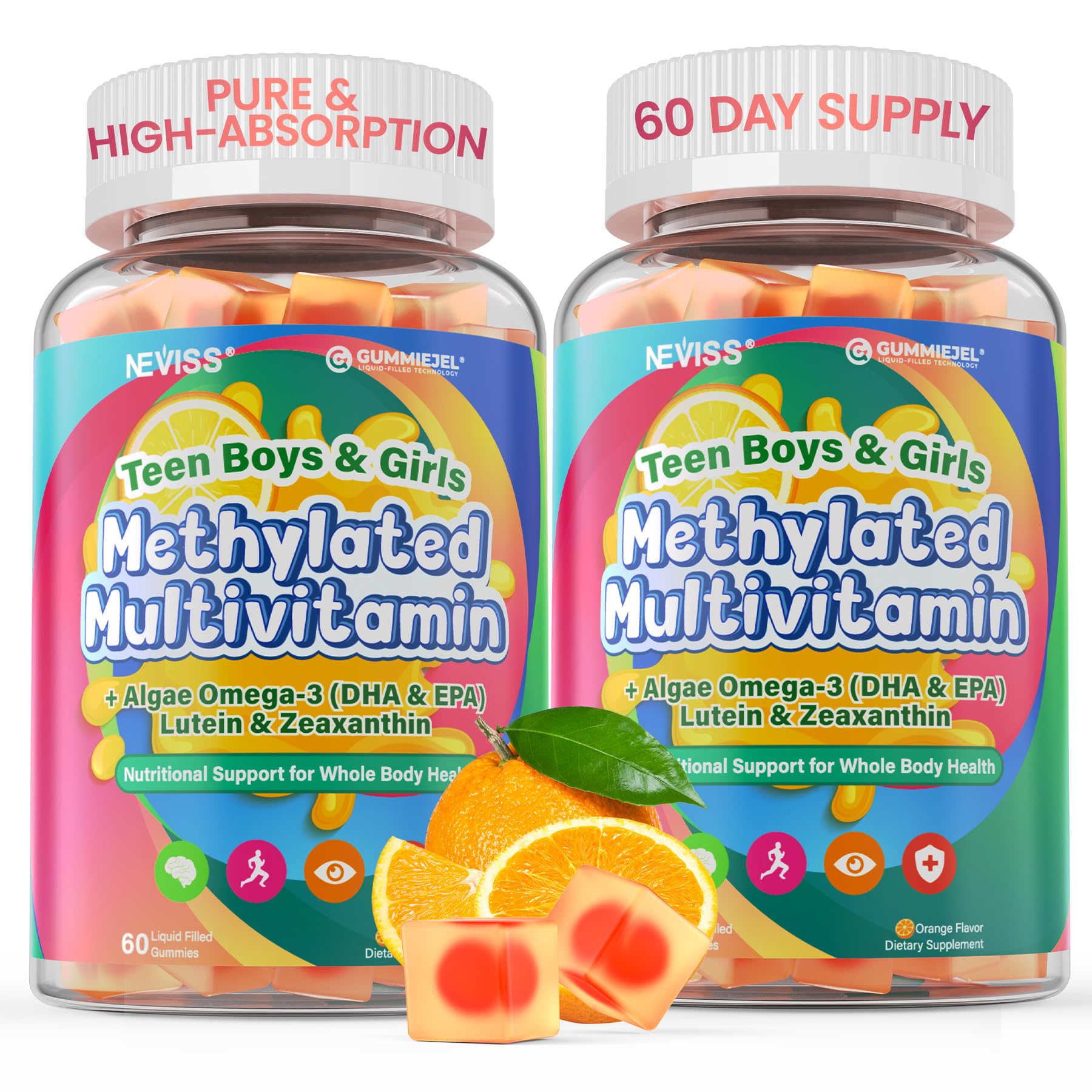 NEVISS Methylated Multivitamin Gummies for Teens & Kids with Methylfolate, Methyl B12 & Omega-3, 120 Gummies