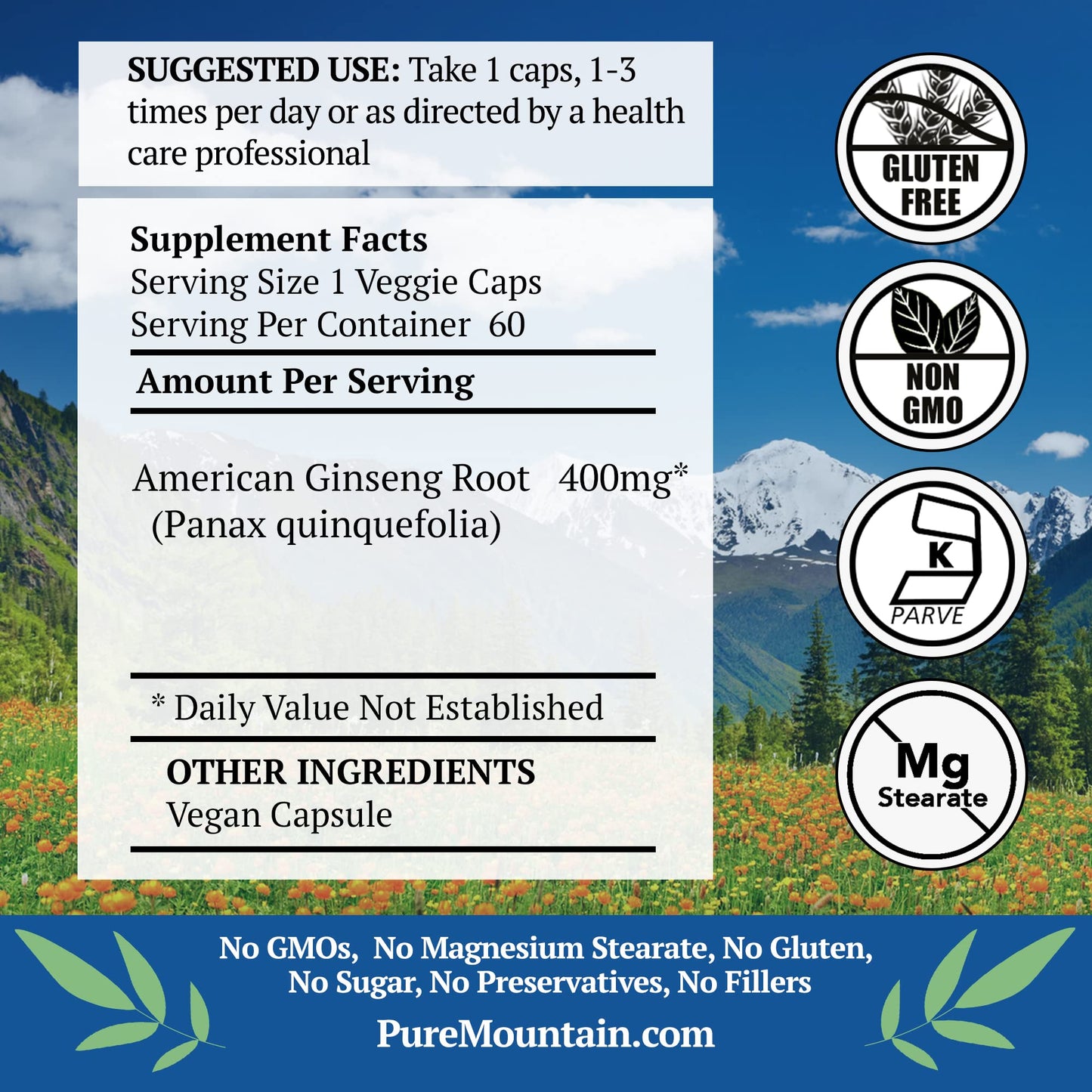 Pure Mountain Botanicals American Ginseng 400mg Panax Quinquefolia Ginseng Root Capsules, 60 Count