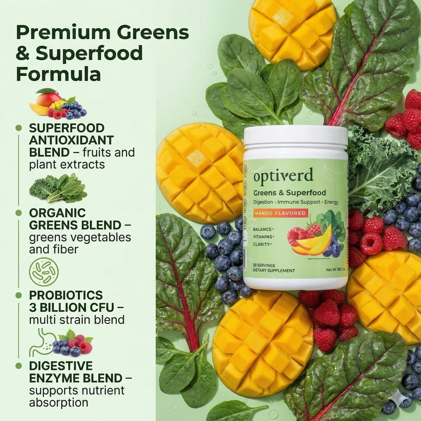 optiverd Greens Superfood Powder with Probiotics & Enzymes – Detox, Gut Health, Energy & Immune Support – Organic, Vegan, Gluten-Free – Mango Flavor, 27 Ounce