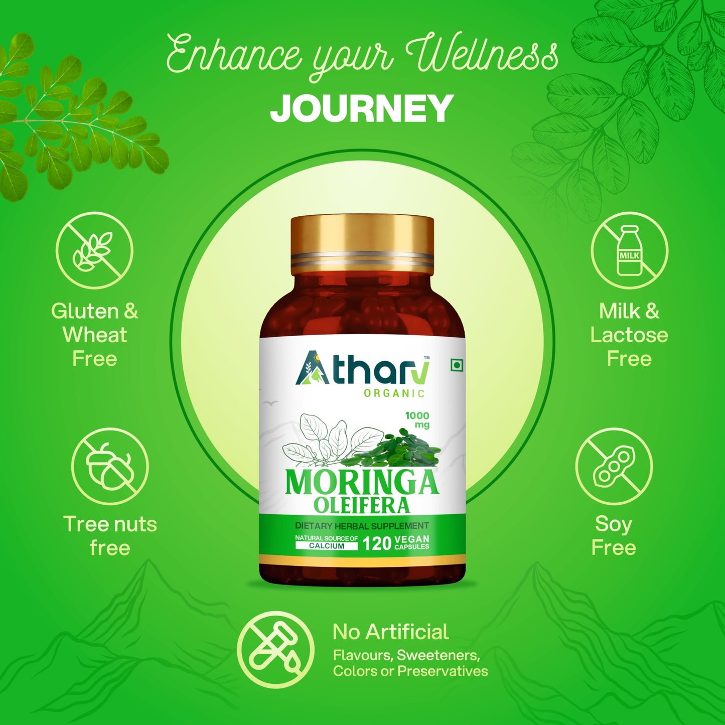 ATHARV ORGANIC Moringa Capsules 1000 mg, 120 Count